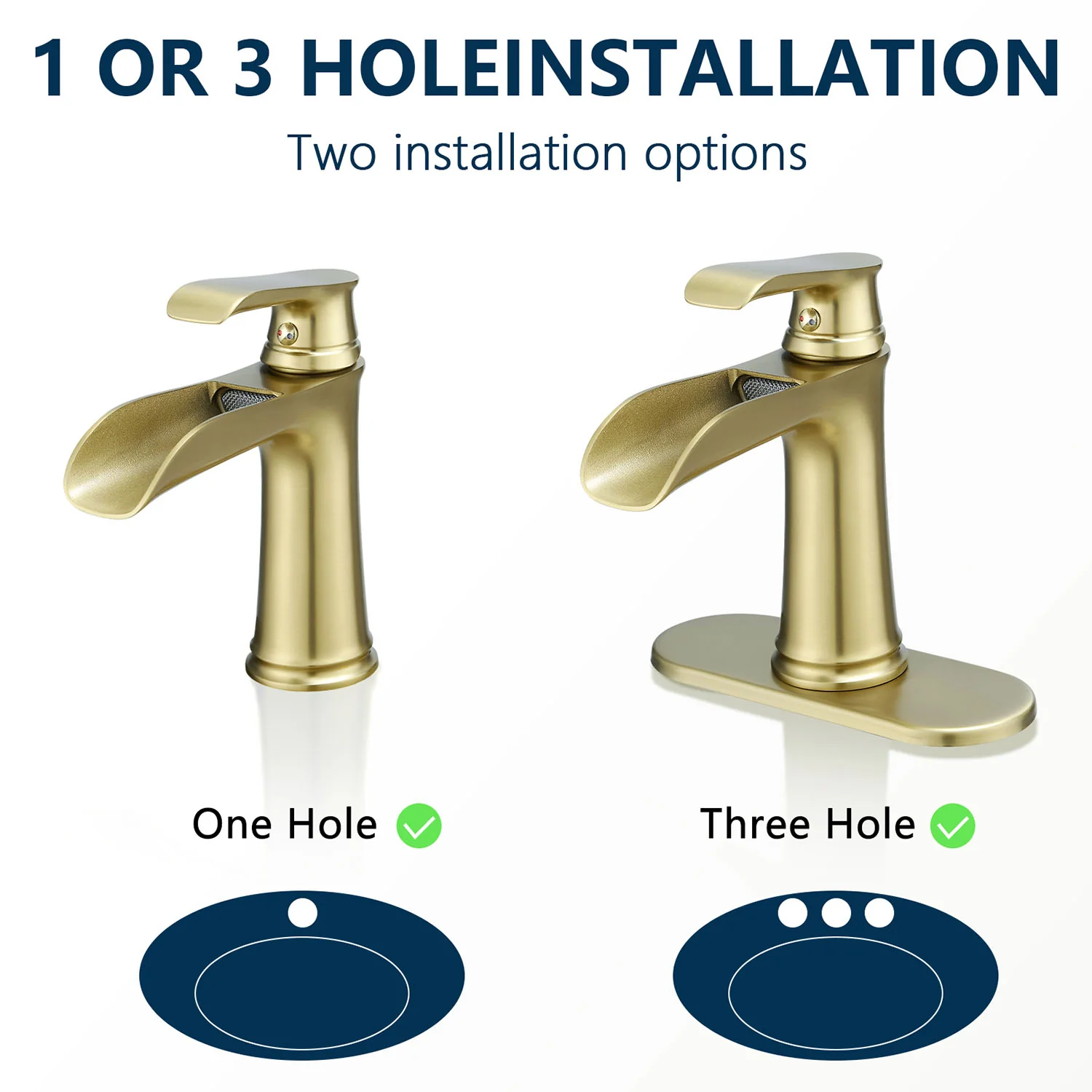 Brushed Gold Single Handle Waterfall Bathroom Faucet with Pop Up Drain and Deck Plate - Image 5