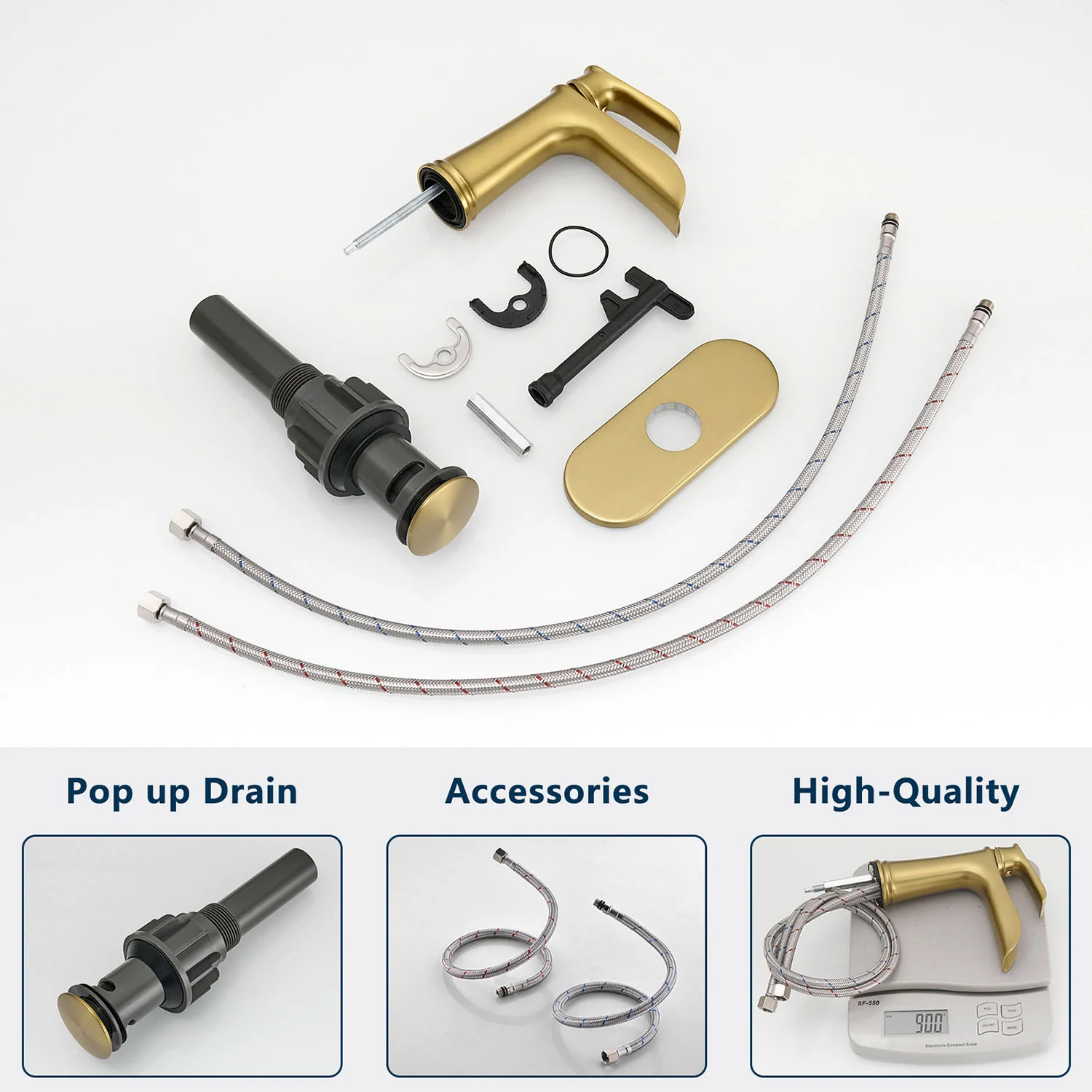 Brushed Gold Single Handle Waterfall Bathroom Faucet with Pop Up Drain and Deck Plate - Image 6