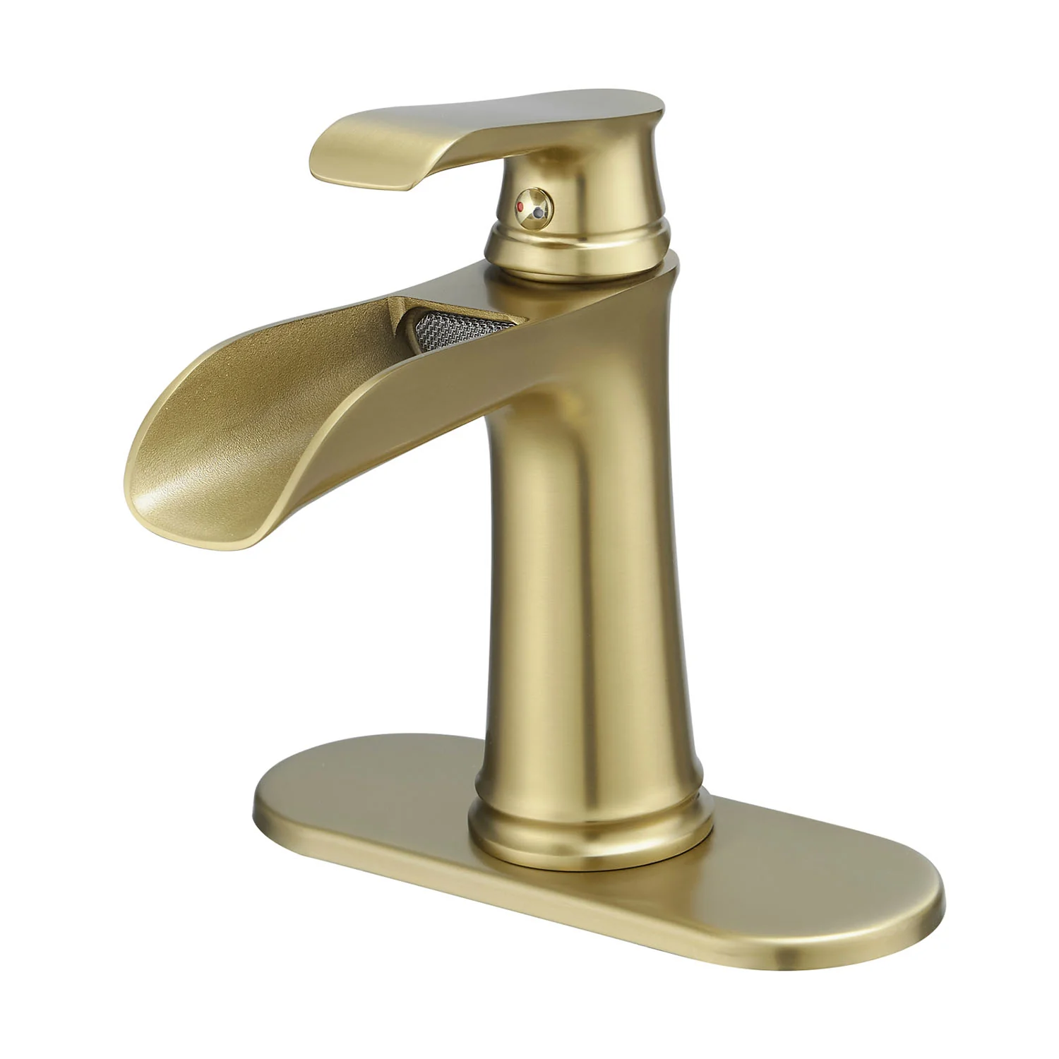 Brushed Gold Single Handle Waterfall Bathroom Faucet with Pop Up Drain and Deck Plate - Image 7