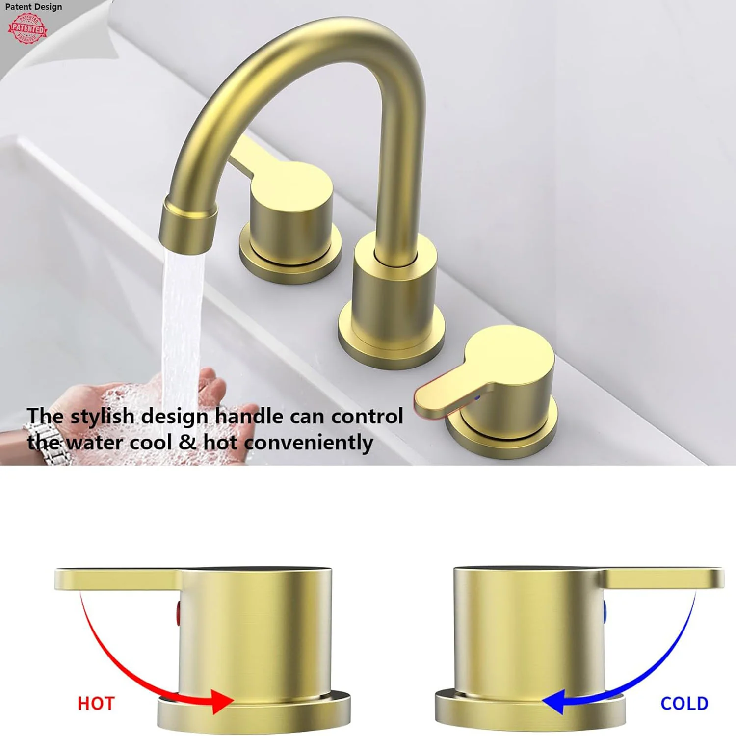 Brushed Gold 8 Inch Widespread Bathroom Sink Faucet with Pop Up Drain Assembly - Image 3