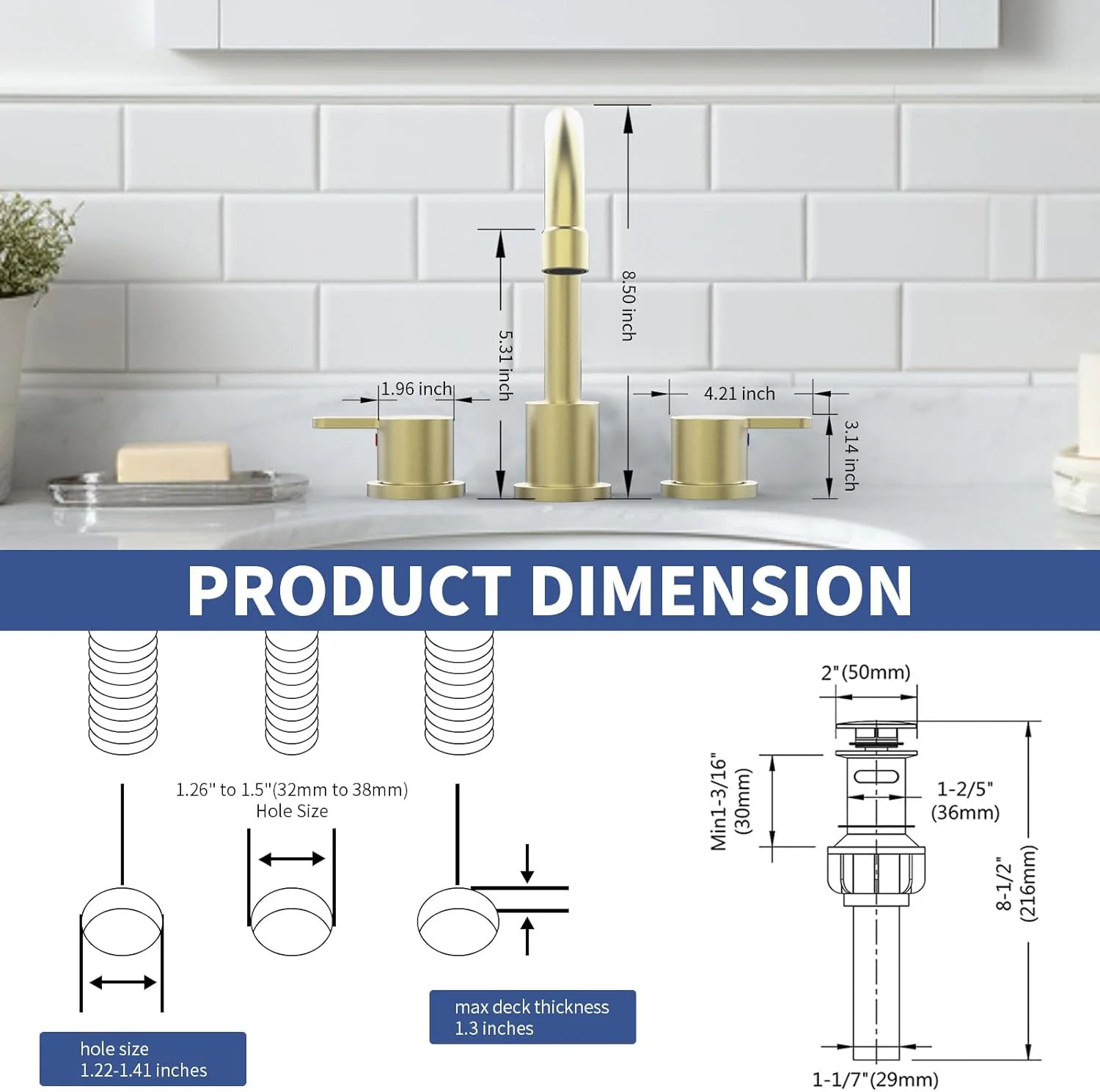 Brushed Gold 8 Inch Widespread Bathroom Sink Faucet with Pop Up Drain Assembly - Image 6