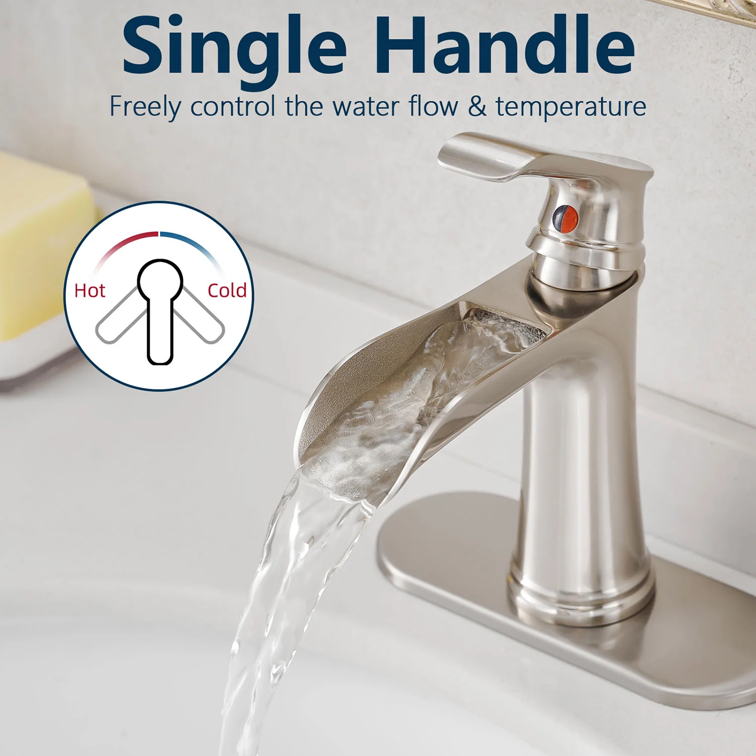 Brushed Nickel Single Handle Waterfall Bathroom Faucet with Pop Up Drain and Deck Plate - Image 3