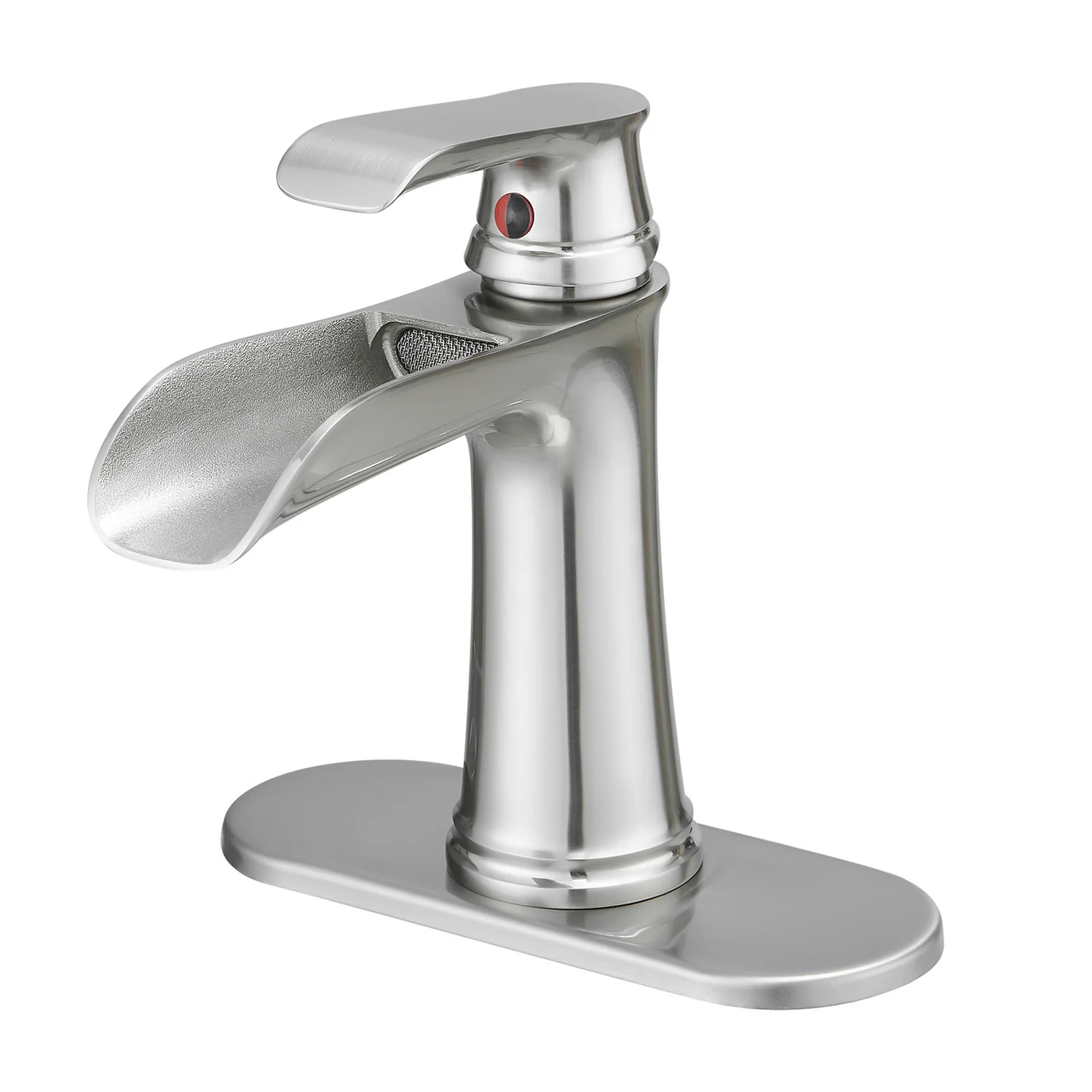 Brushed Nickel Single Handle Waterfall Bathroom Faucet with Pop Up Drain and Deck Plate - Image 6