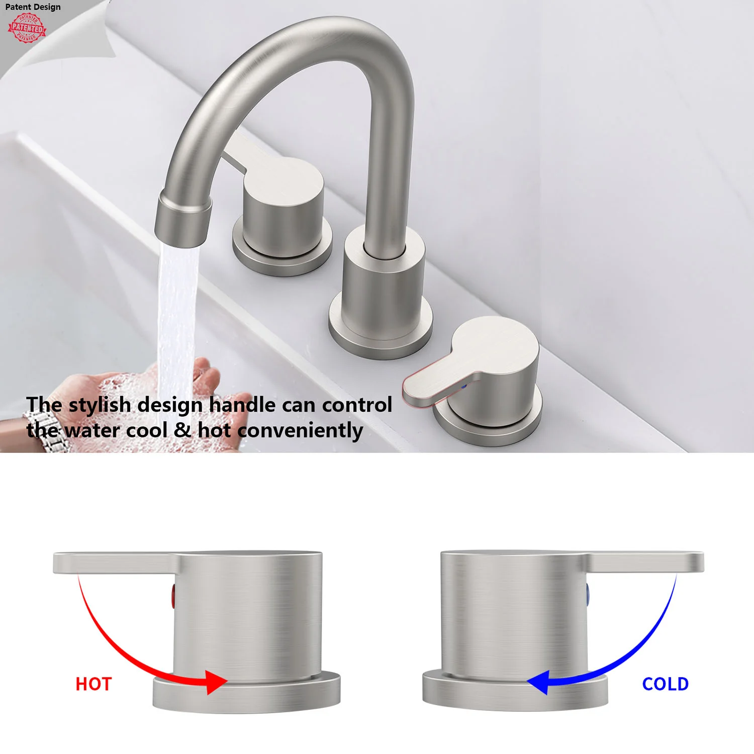 Brushed Nickel 8 Inch Widespread Bathroom Sink Faucet with Pop Up Drain Assembly - Image 3