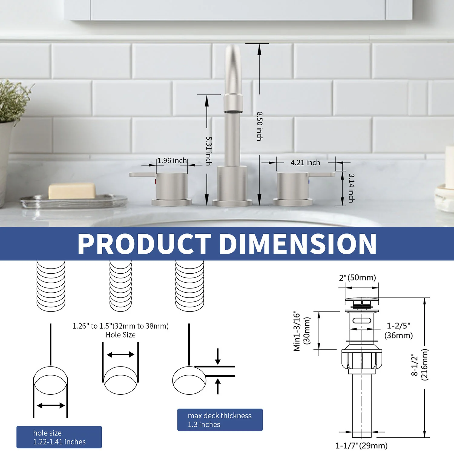 Brushed Nickel 8 Inch Widespread Bathroom Sink Faucet with Pop Up Drain Assembly - Image 7