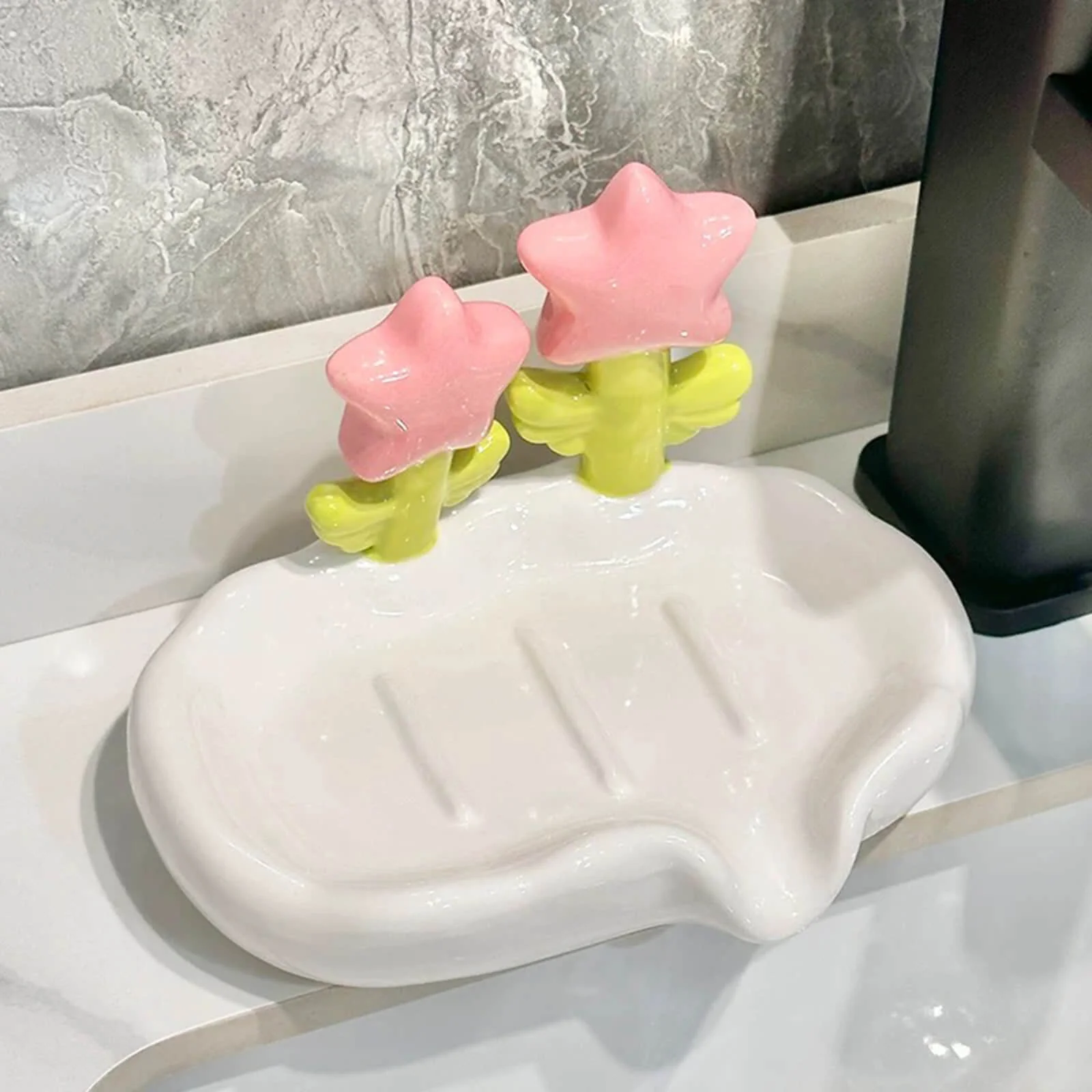 Ceramic Flower Shaped Soaps Dish holder with Self Draining Soap Dish for Shower Bathroom - Image 3