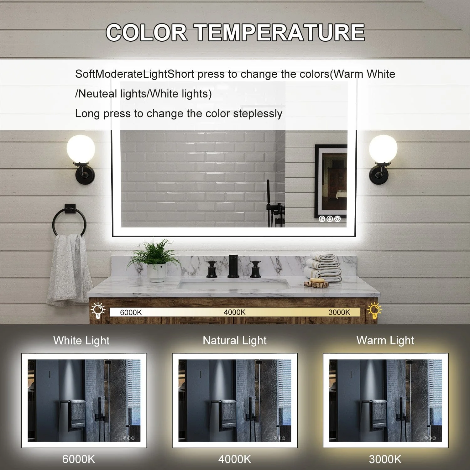 GIVING TREE 40"/48"/55" LED Bathroom Mirror with Black Frame, Anti-Fog, Shatter-Proof, Memory, 3 Colors - Image 13