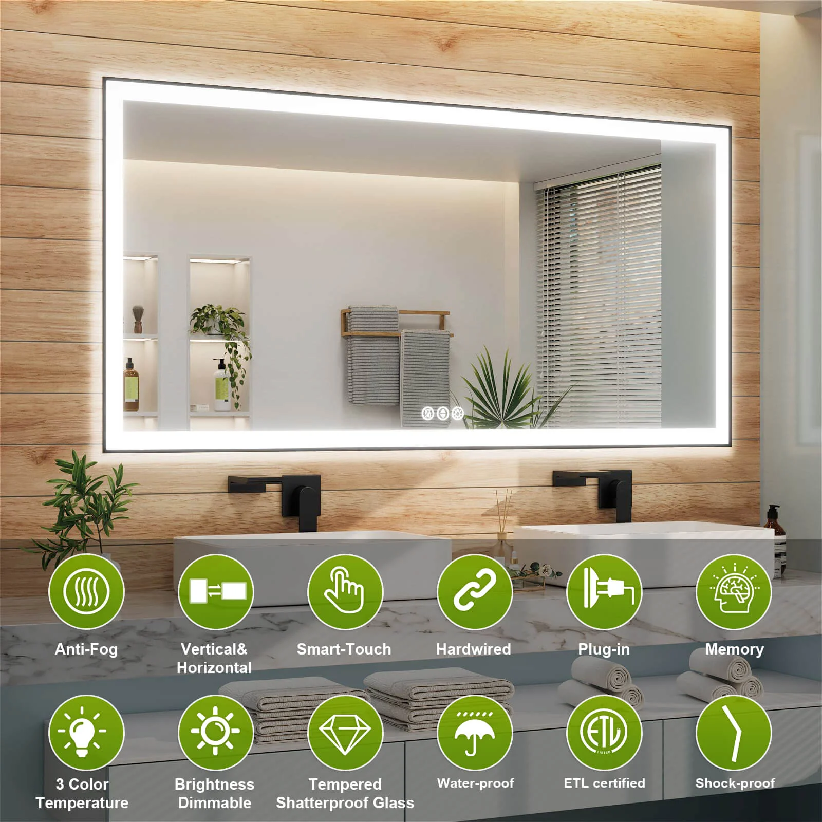 GIVING TREE 40"/48"/55" LED Bathroom Mirror with Black Frame, Anti-Fog, Shatter-Proof, Memory, 3 Colors - Image 43