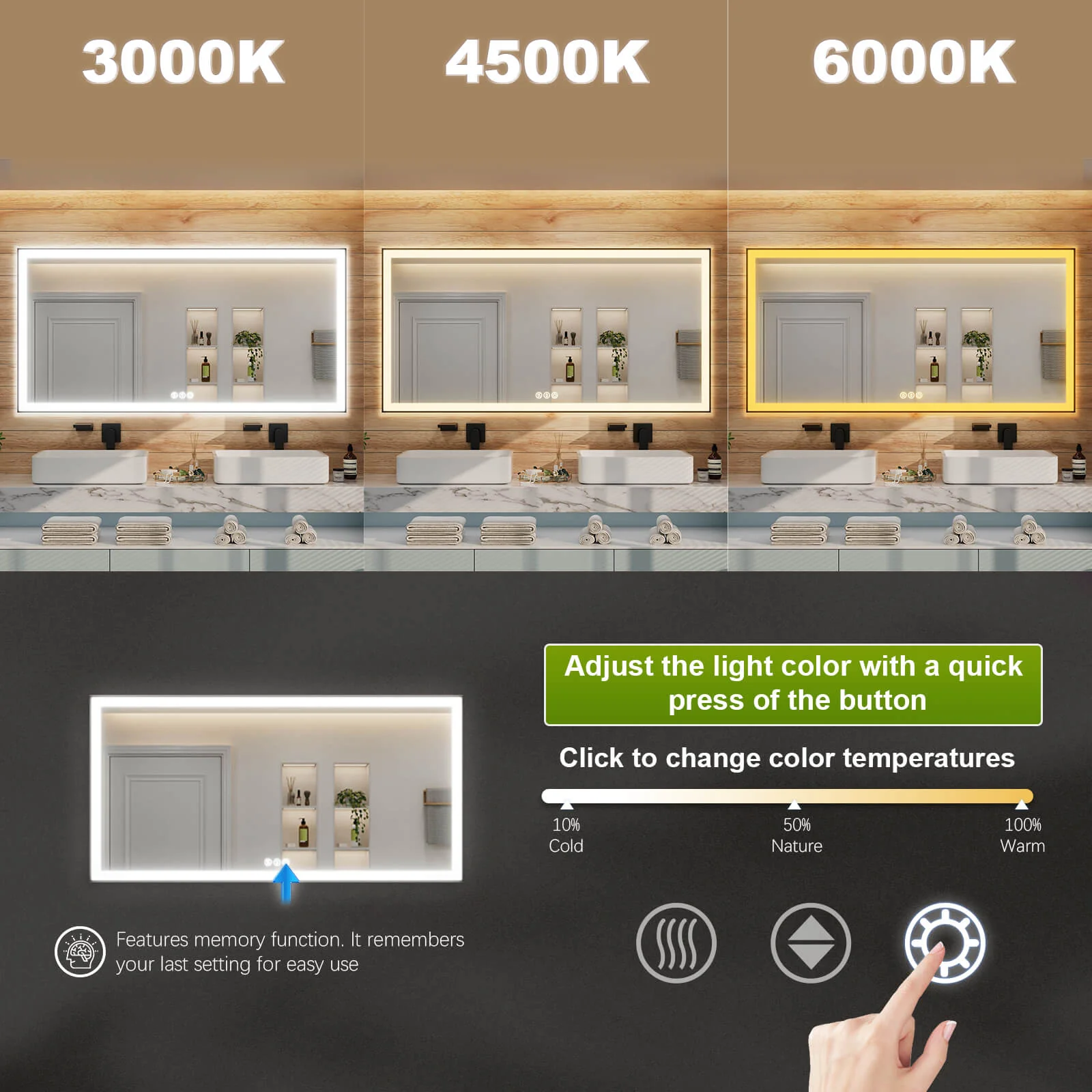 GIVING TREE 40"/48"/55" LED Bathroom Mirror with Black Frame, Anti-Fog, Shatter-Proof, Memory, 3 Colors - Image 44