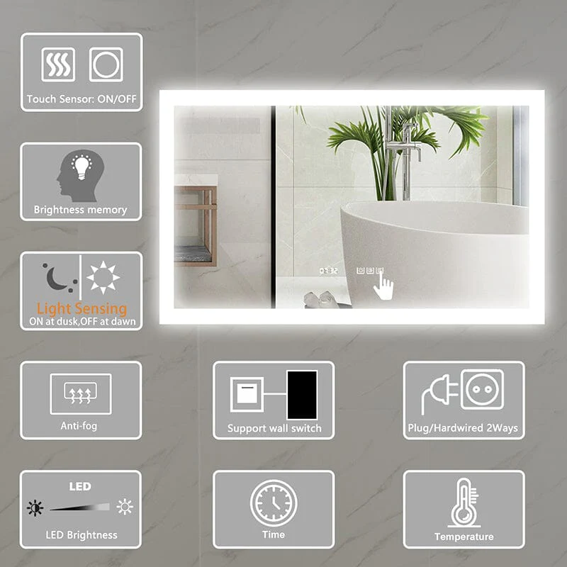 40 x 24 Inch LED Bathroom Mirror Anti Fog Dimmable Touch Button Memory Function - Image 4