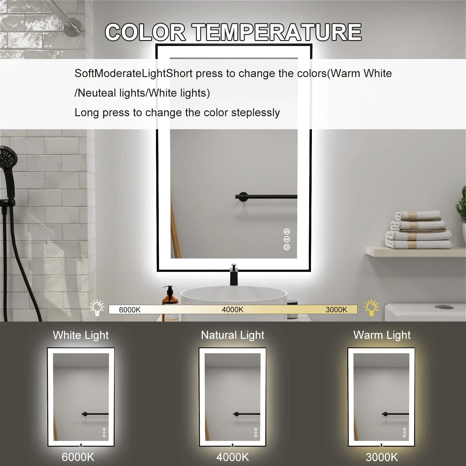 GIVING TREE 28"/32"/36"/40" LED Bathroom Mirror with Black Frame, Anti-Fog, Shatter-Proof, Memory, 3 Colors - Image 22