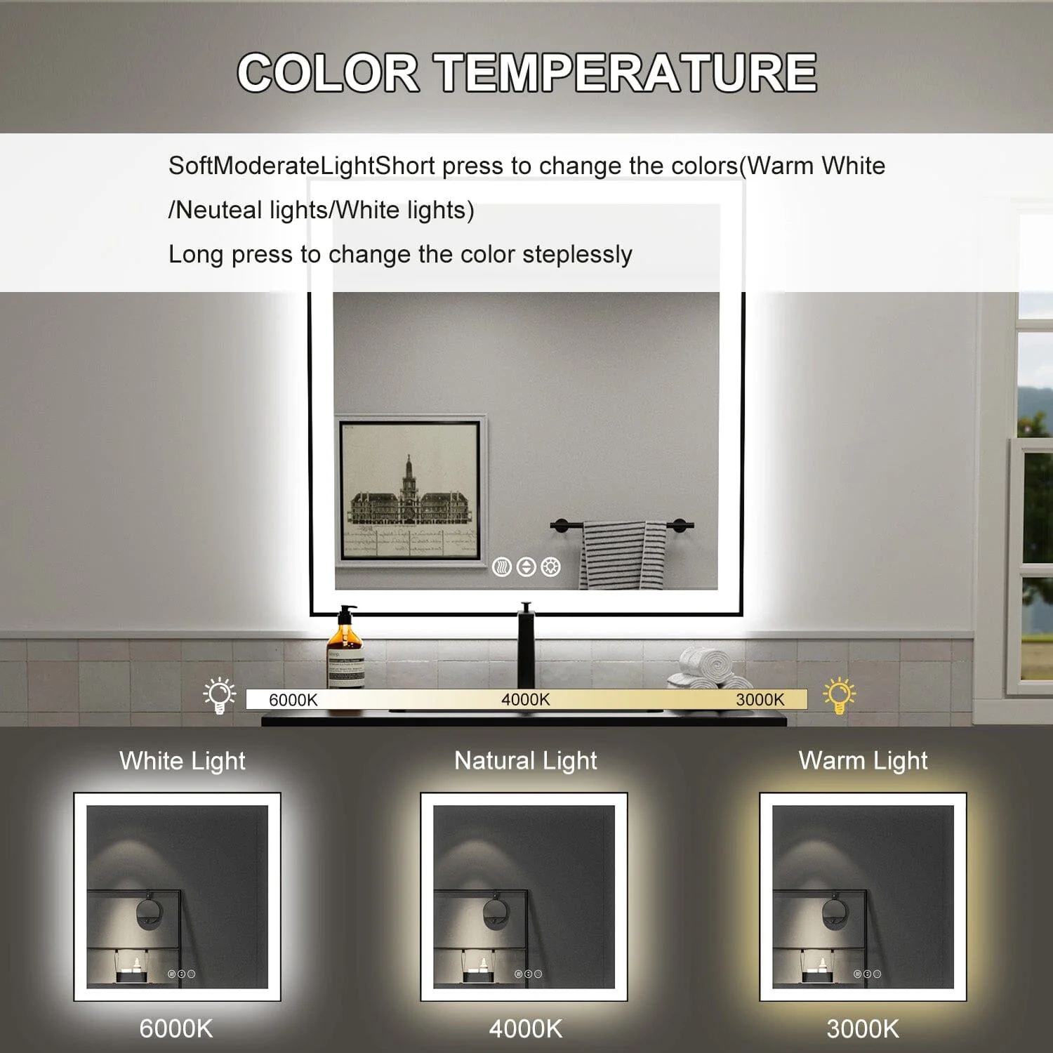 GIVING TREE 28"/32"/36"/40" LED Bathroom Mirror with Black Frame, Anti-Fog, Shatter-Proof, Memory, 3 Colors - Image 49