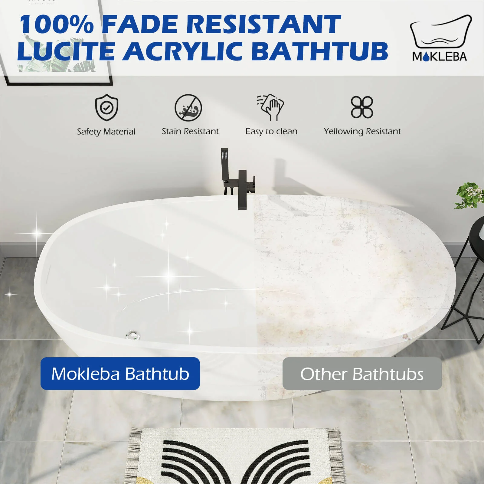 Mokleba 63" Acrylic End Drain Freestanding Tub with Pop-up Drain - Image 3