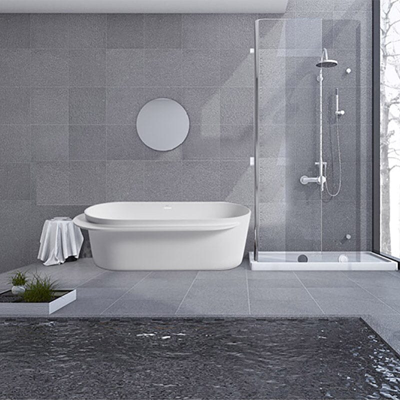 Giving Tree 67'' Solid Surface Stone Resin White Freestanding Bathtub with Shelf - Image 5