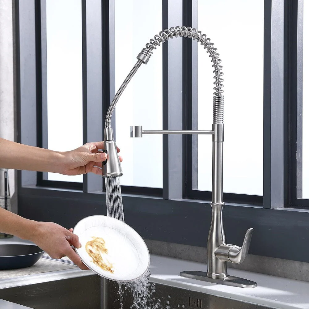 2-Function Kitchen Sink High Arc Faucet with Pull Down Spring Spout Brushed Nickel - Image 5