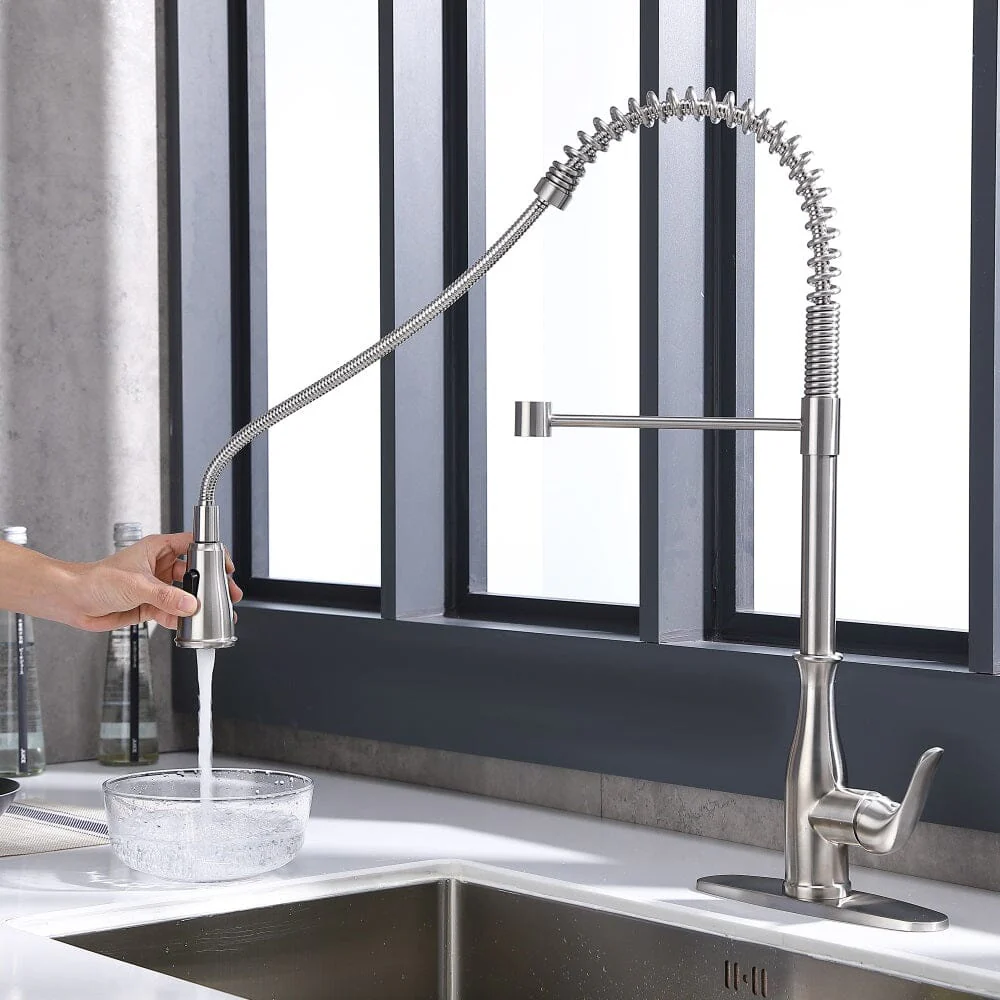 2-Function Kitchen Sink High Arc Faucet with Pull Down Spring Spout Brushed Nickel - Image 6
