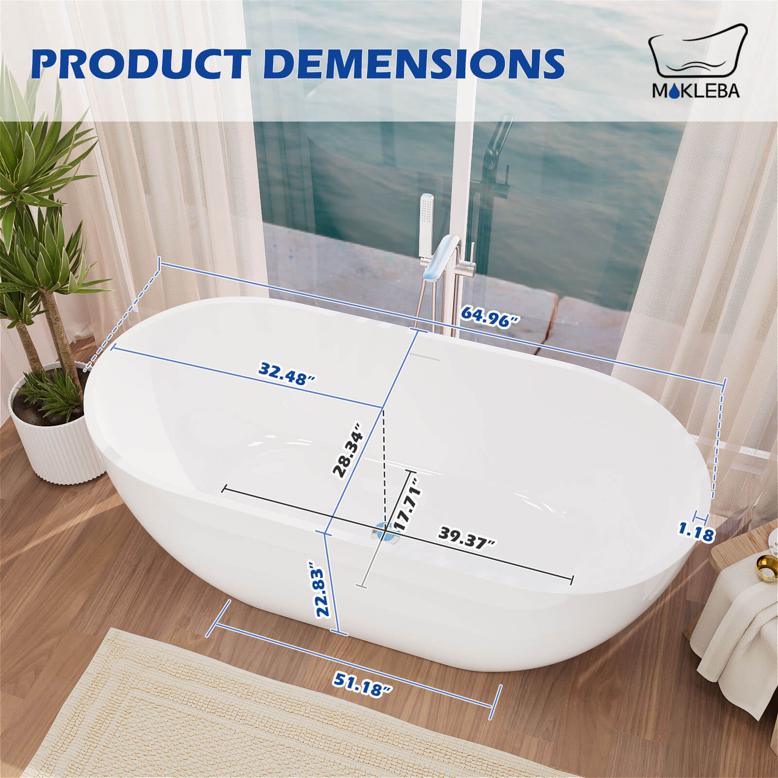 Mokleba 65'' Acrylic Oval Freestanding Soaking Bathtub with Drain - Image 12