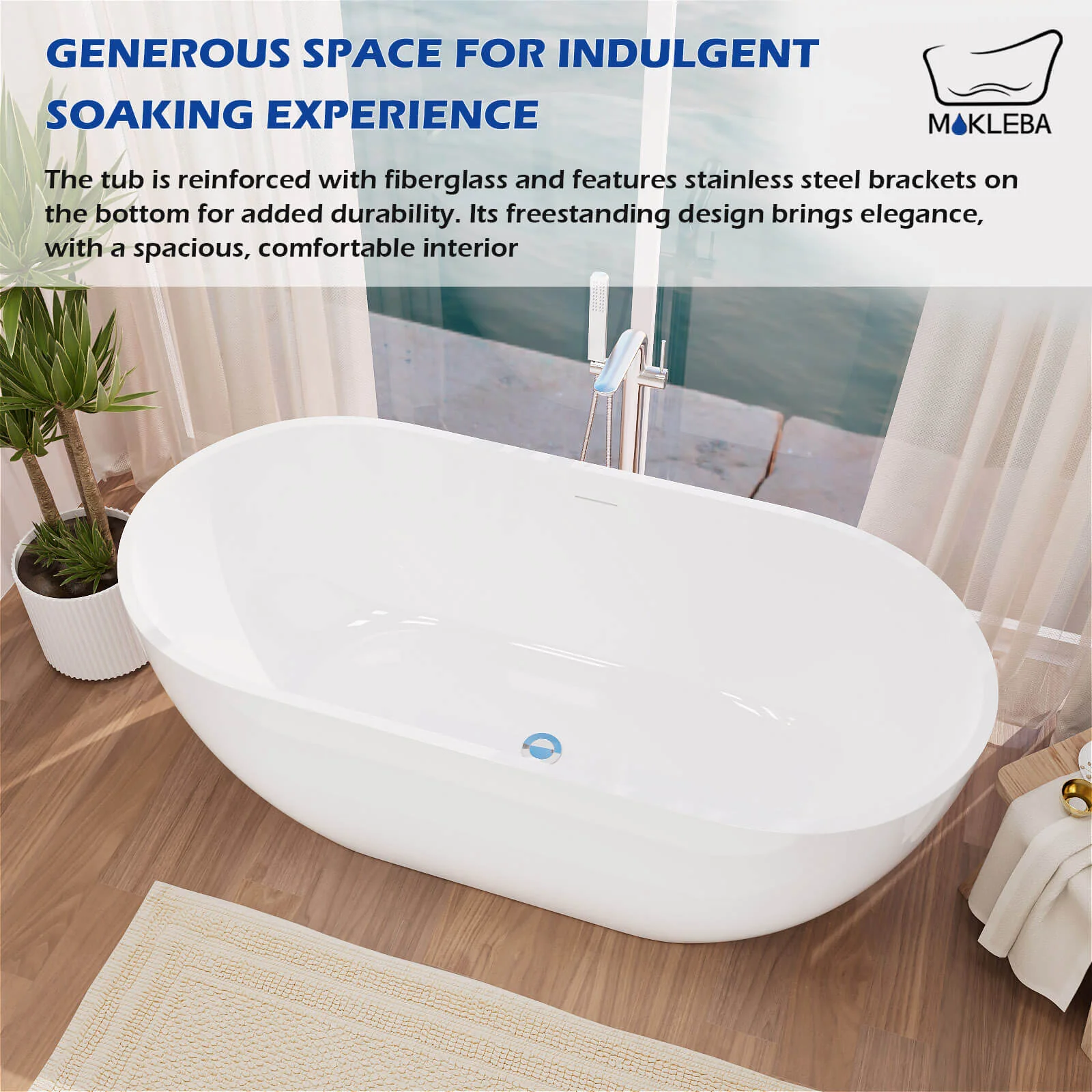 Mokleba 65'' Acrylic Oval Freestanding Soaking Bathtub with Drain - Image 6