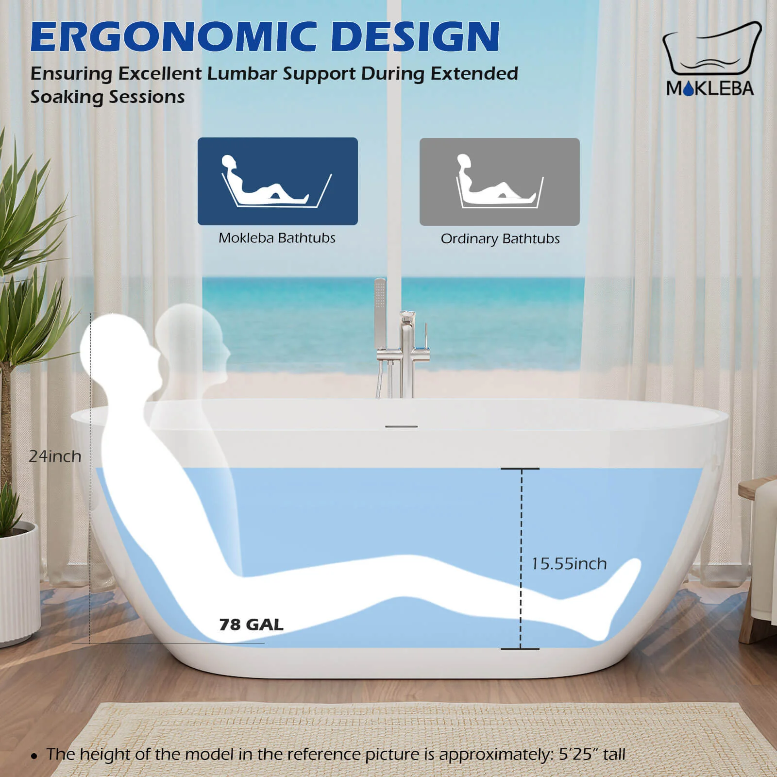 Mokleba 65'' Acrylic Oval Freestanding Soaking Bathtub with Drain - Image 8