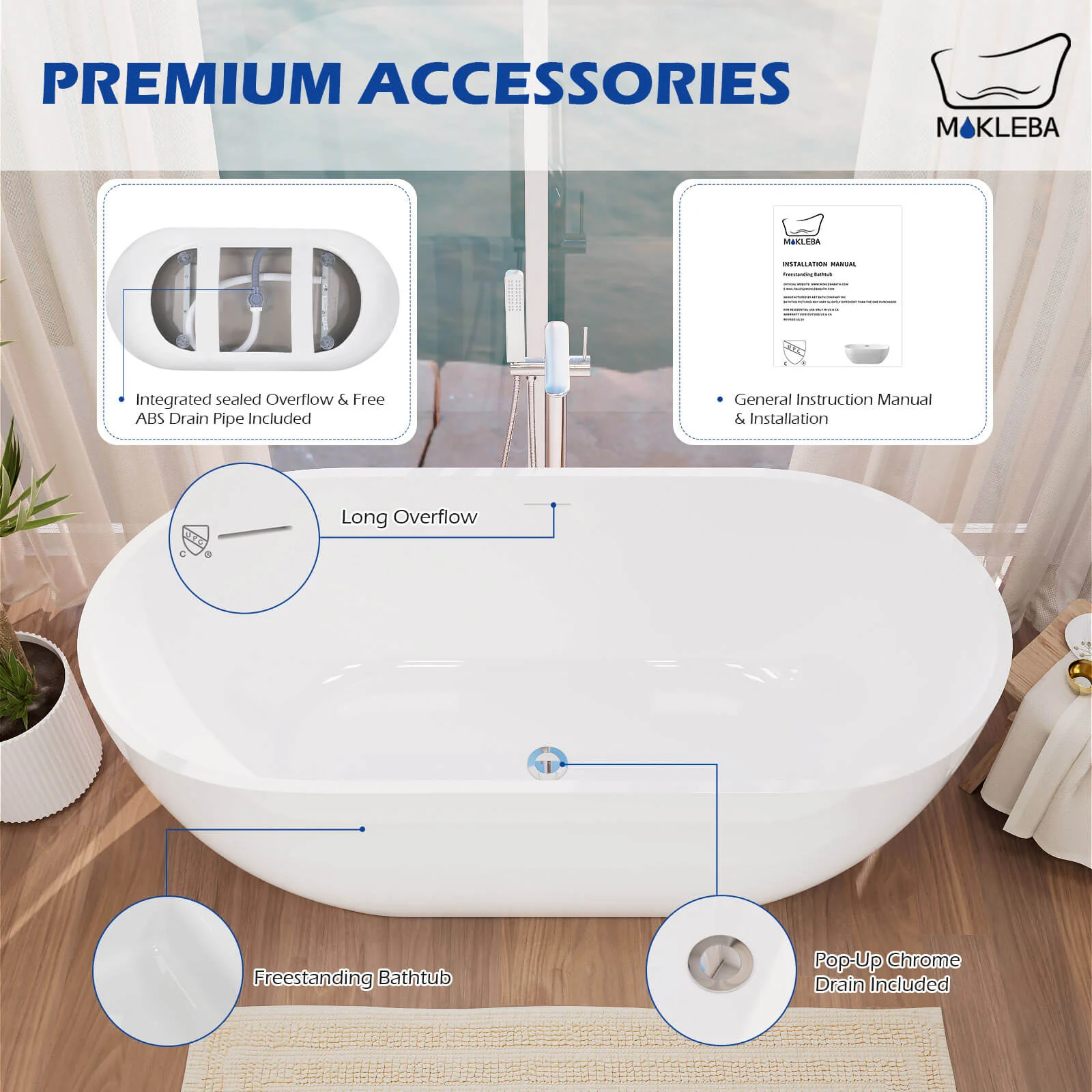 Mokleba 65'' Acrylic Oval Freestanding Soaking Bathtub with Drain - Image 9