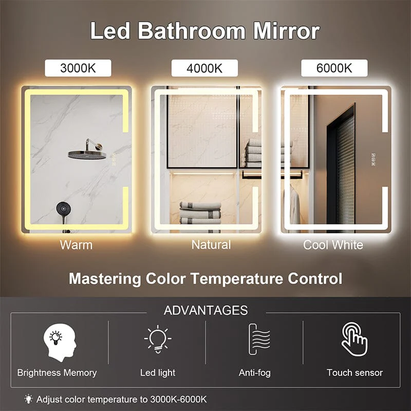 LED Light Bathroom Mirror Rounded Rectangle Frameless Anti Fog - Image 7
