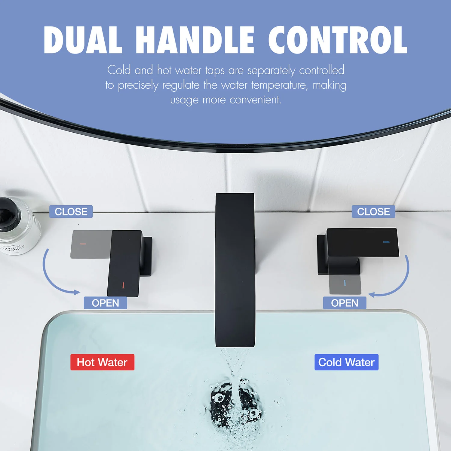 Matte Black 2 Handle Waterfall Widespread Bathroom Faucet for 3 Hole Sink - Image 3