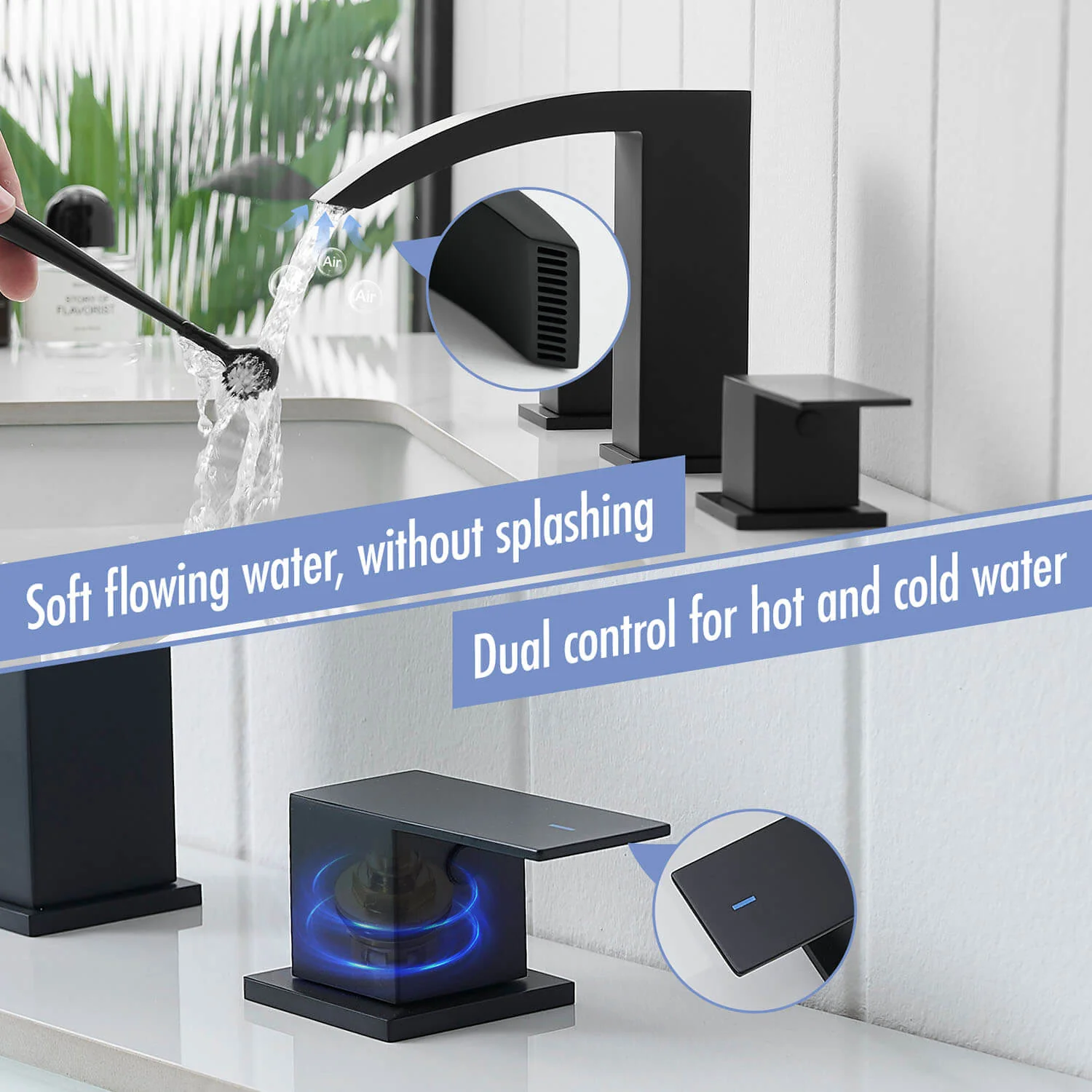 Matte Black 2 Handle Waterfall Widespread Bathroom Faucet for 3 Hole Sink - Image 4