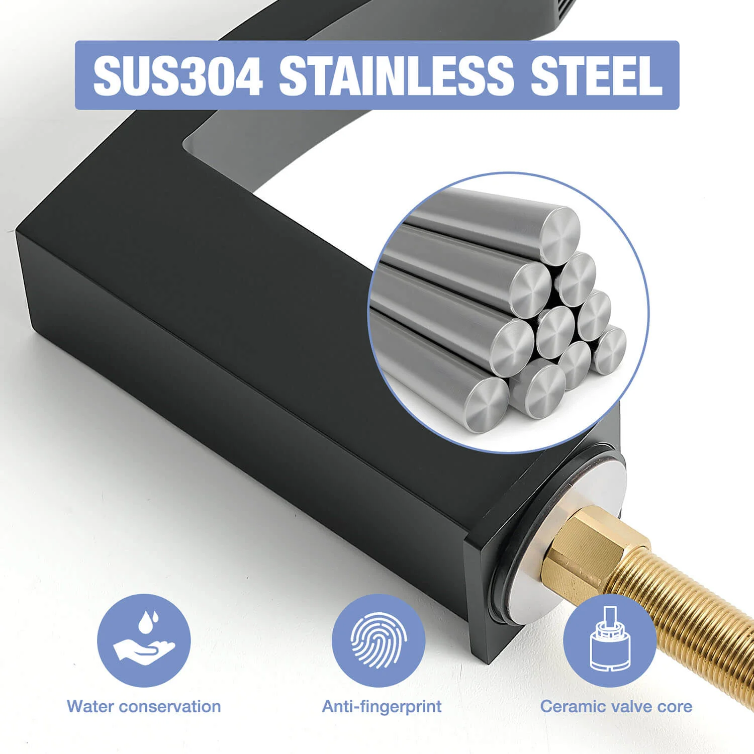 Matte Black 2 Handle Waterfall Widespread Bathroom Faucet for 3 Hole Sink - Image 5