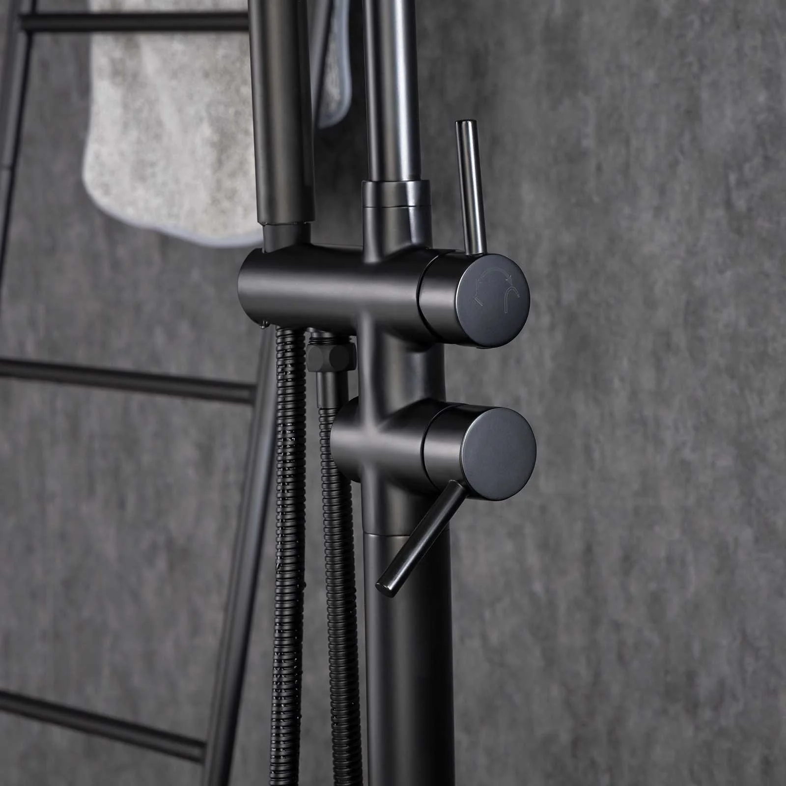 Matte Black Classic Independent Freestanding Tub Filler Faucet with Handheld Shower 360° Swivel Spout - Image 5