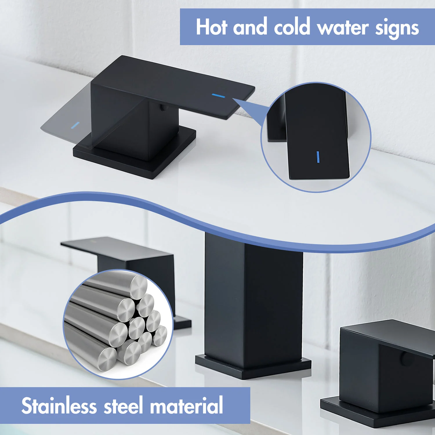 Matte Black Double Handle 3 Hole 8 Inch Widespread Bathroom Faucet - Image 5