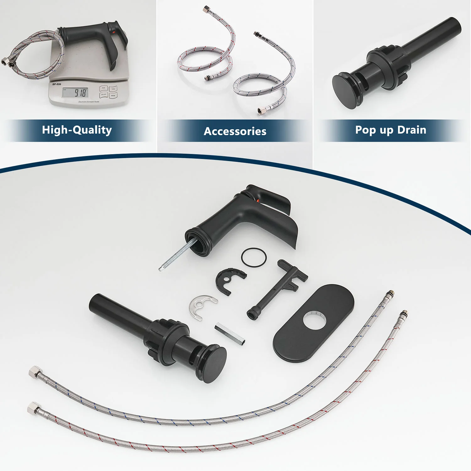 Matte Black Single Handle Waterfall Bathroom Faucet with Pop Up Drain and Deck Plate - Image 5