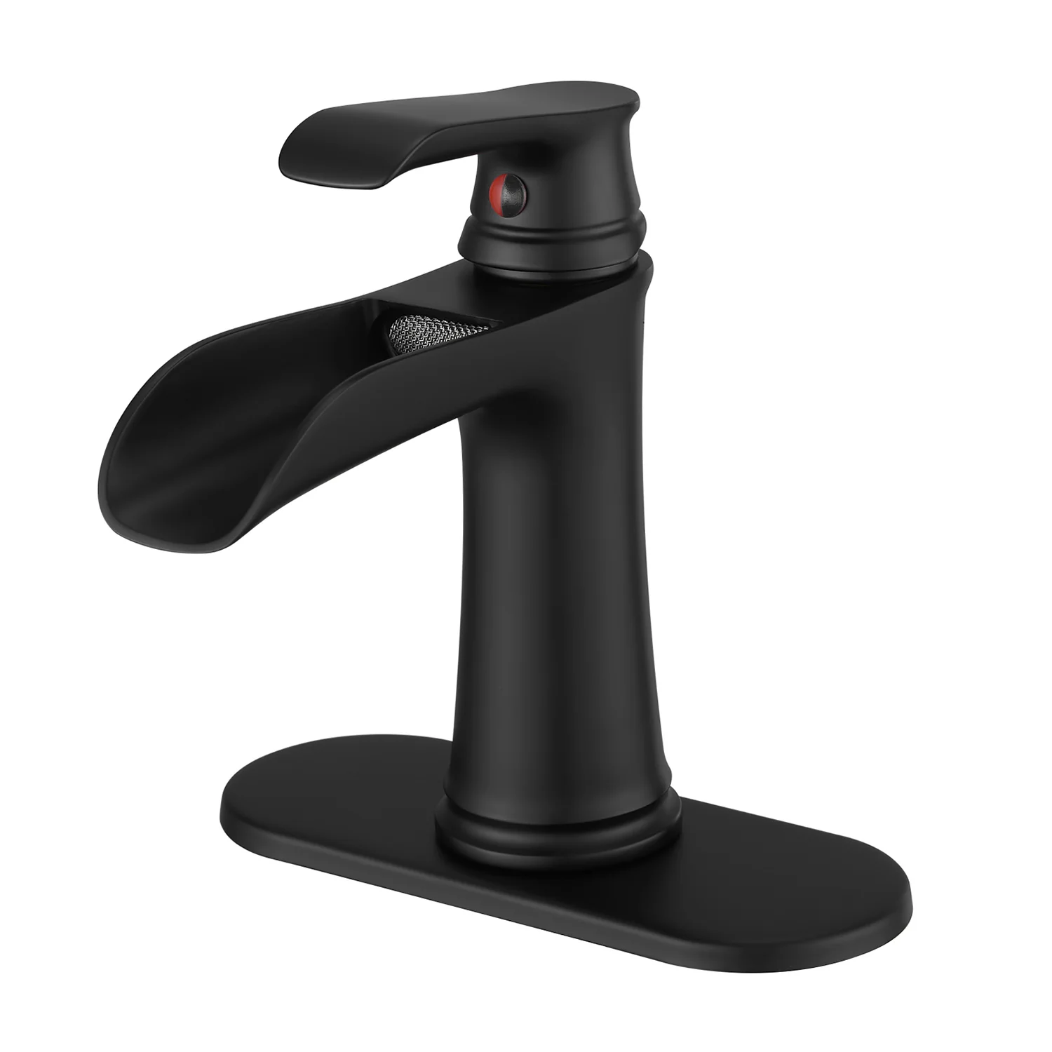 Matte Black Single Handle Waterfall Bathroom Faucet with Pop Up Drain and Deck Plate - Image 6