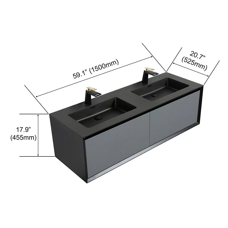 Modern 60'' Wall Mounted Bathroom Vanity with Double Black Sink and Large Space Double Drawers - Image 10