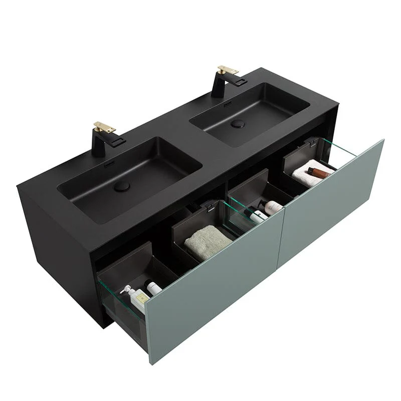 Modern 60'' Wall Mounted Bathroom Vanity with Double Black Sink and Large Space Double Drawers - Image 21