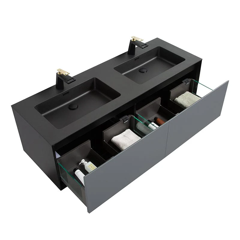 Modern 60'' Wall Mounted Bathroom Vanity with Double Black Sink and Large Space Double Drawers - Image 8