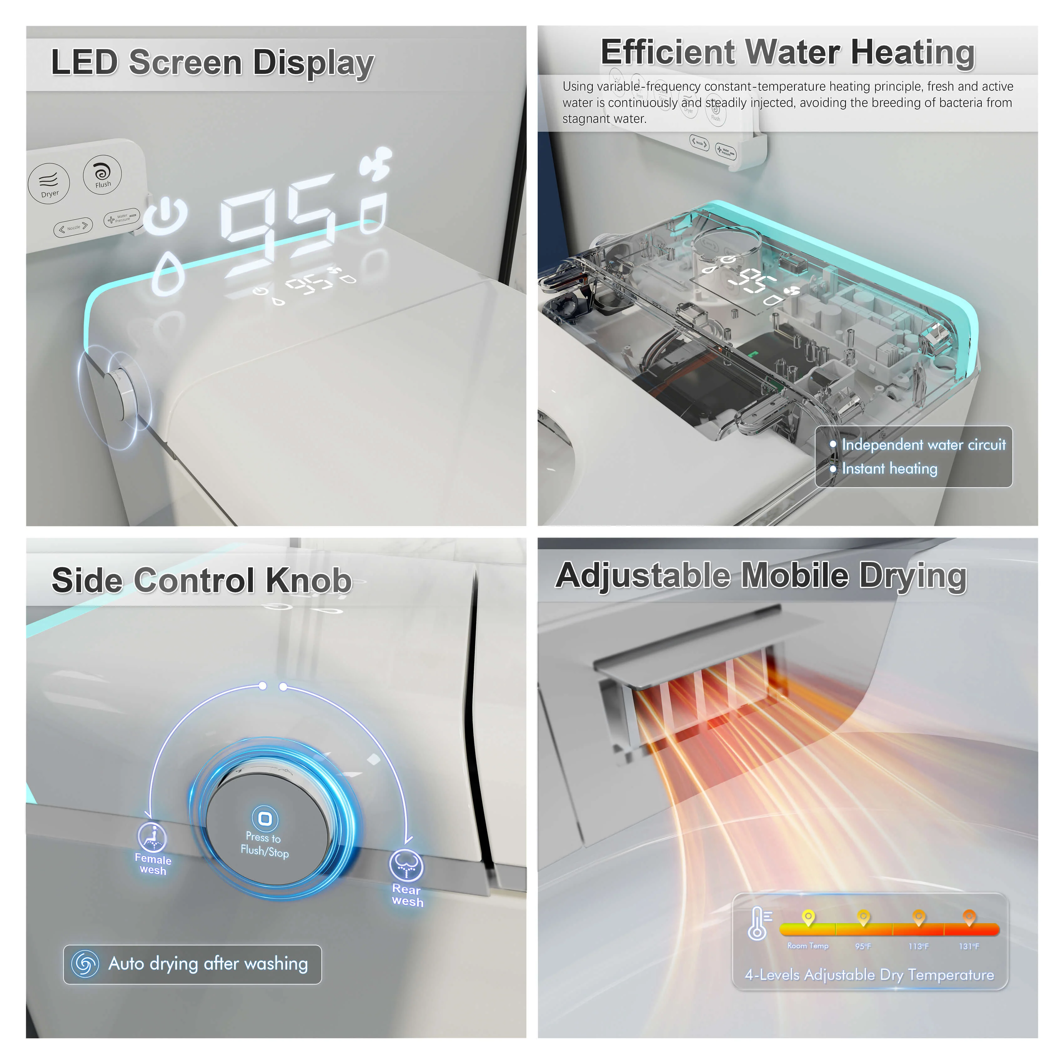Modern Silent Flushing Smart Bidet Toilet with Built-in Water Tank, LED Light, Remote Control - Image 11