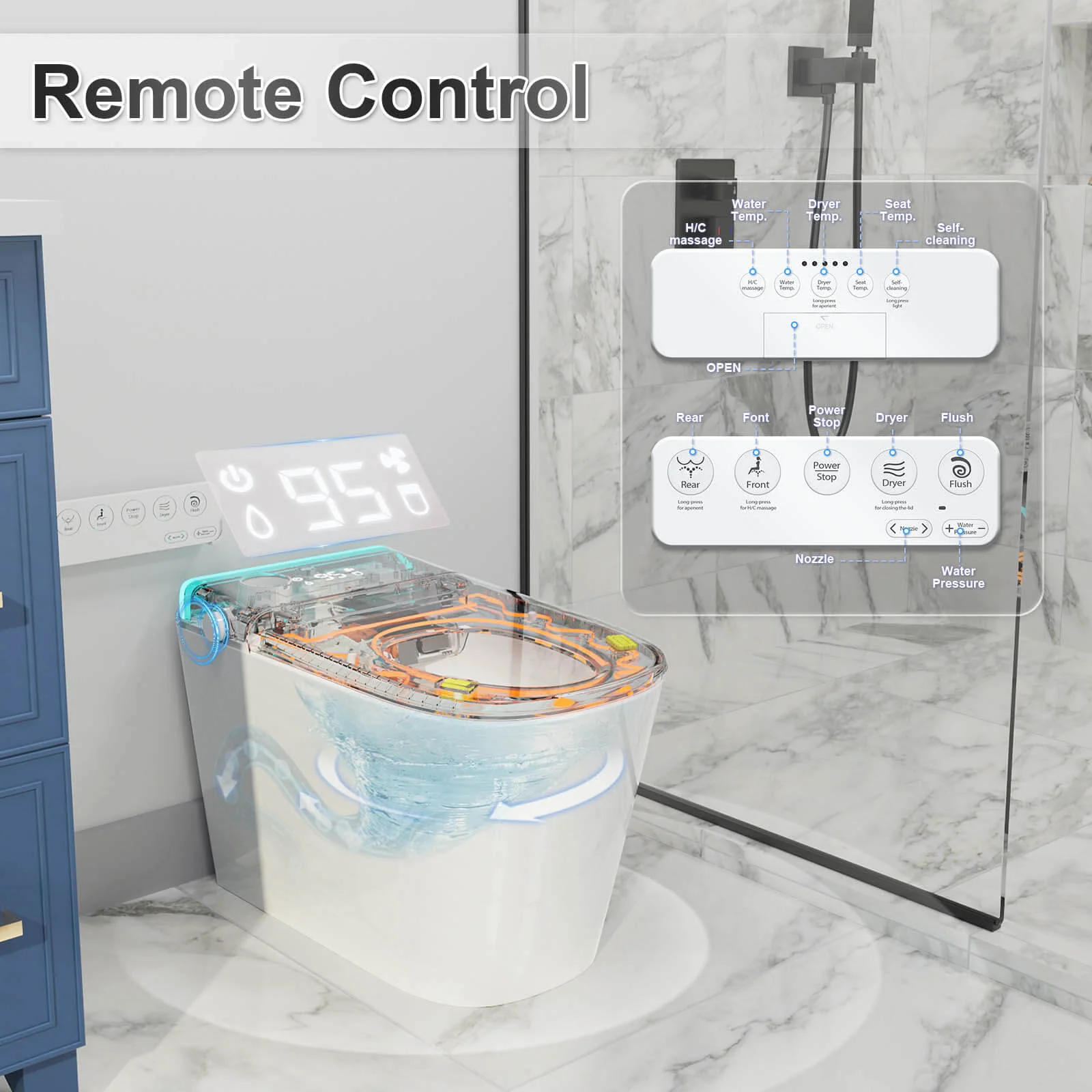 Modern Silent Flushing Smart Bidet Toilet with Built-in Water Tank, LED Light, Remote Control - Image 12