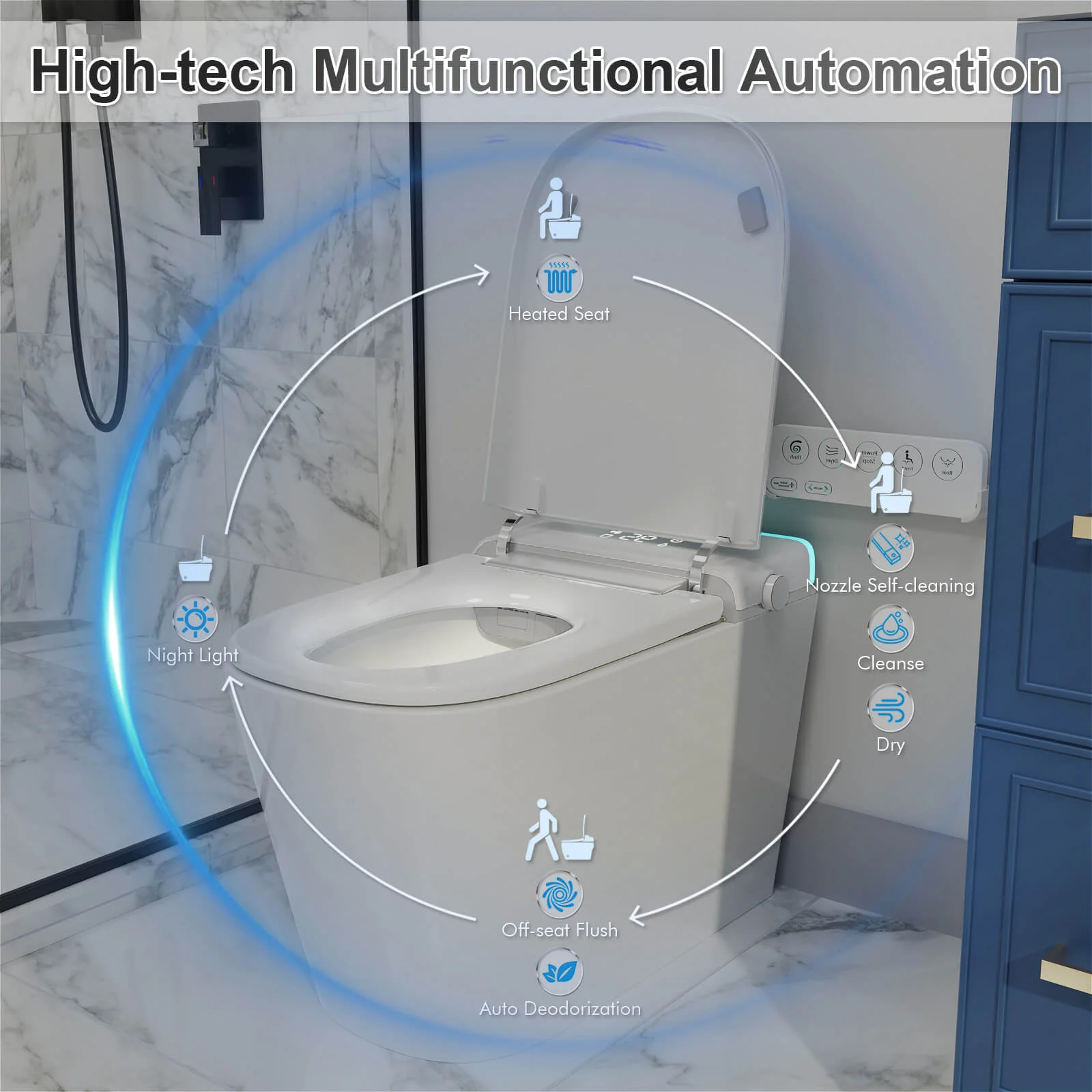 Modern Silent Flushing Smart Bidet Toilet with Built-in Water Tank, LED Light, Remote Control - Image 7
