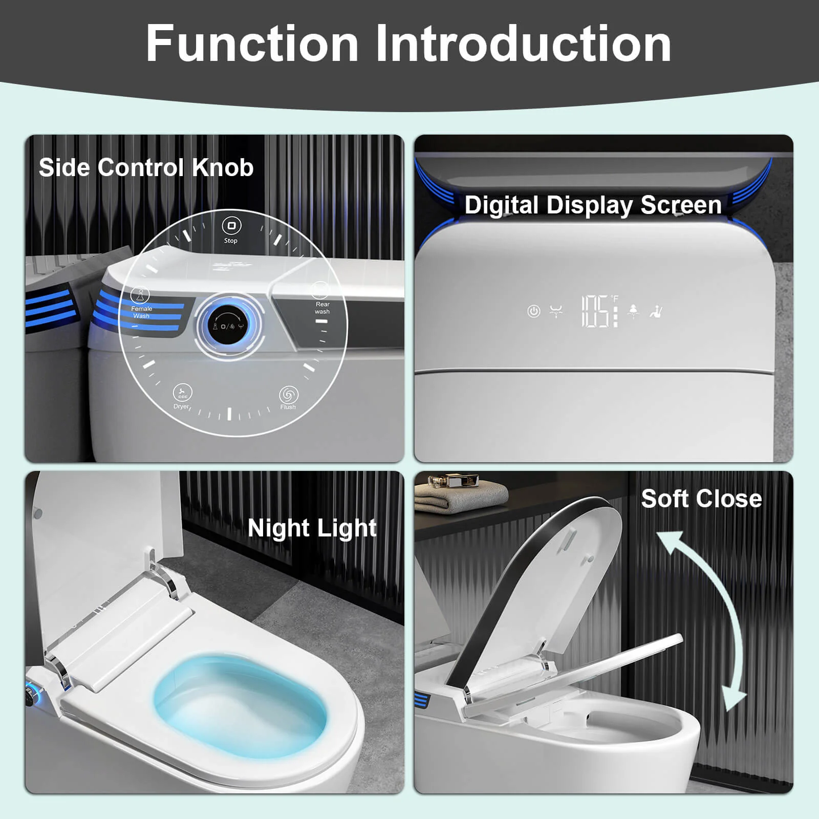 Modern Smart Bidet Toilet with LED Light, Heated Seat, Automatic Flush Tankless - Image 3