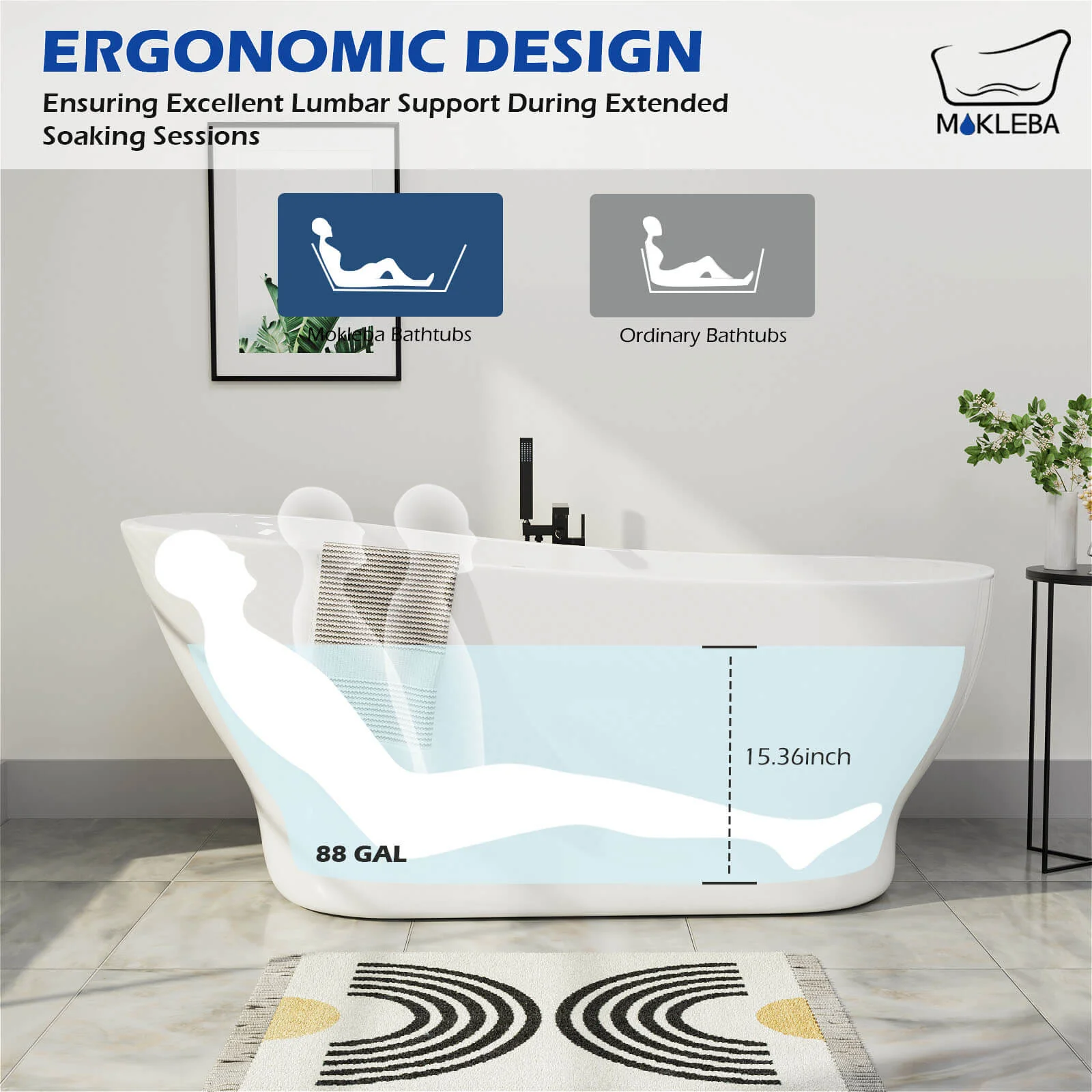 Mokleba Modern Bathroom 63" Acrylic Curve Flatbottom Freestanding Bathtub in White - Image 7