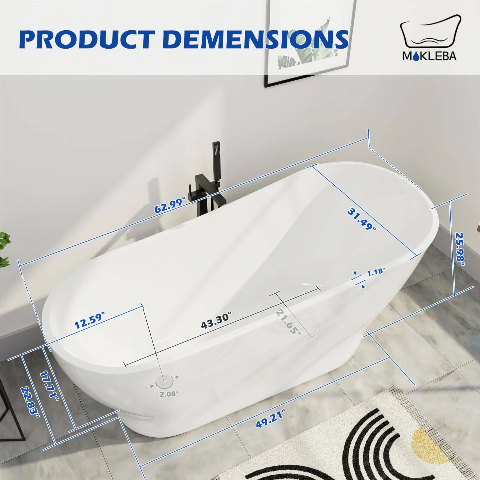 Mokleba Modern Bathroom 63" Acrylic Curve Flatbottom Freestanding Bathtub in White - Image 9