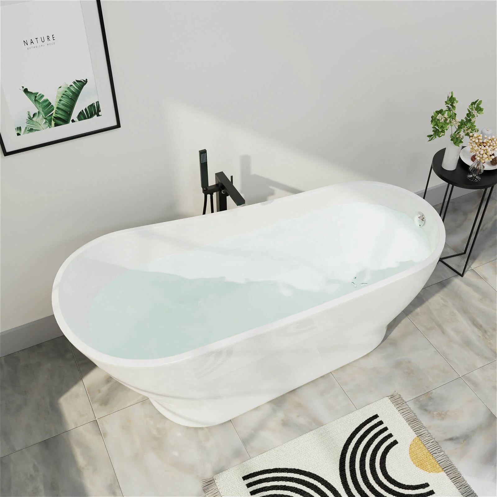 Mokleba Modern Bathroom 63" Acrylic Curve Flatbottom Freestanding Bathtub in White - Image 3