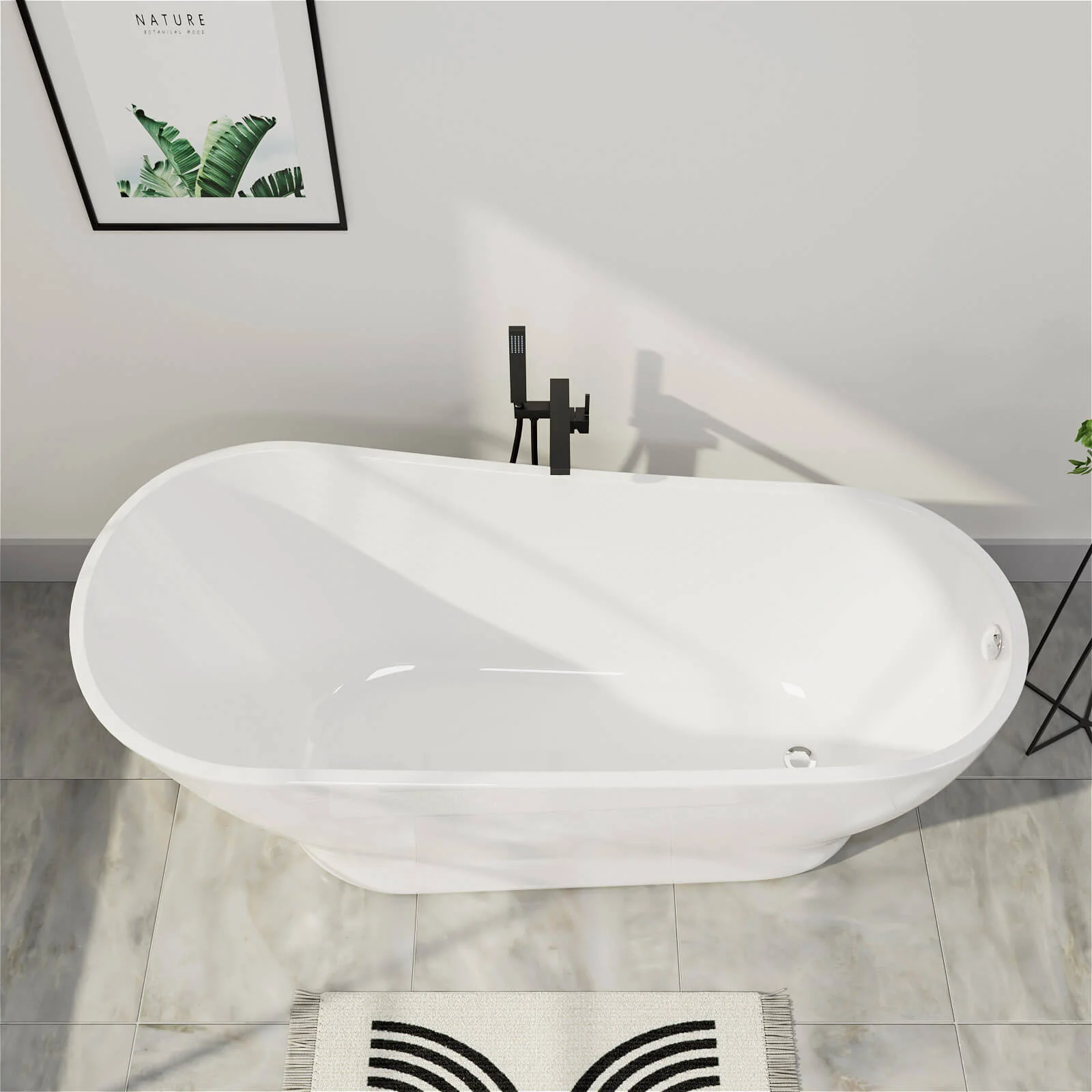 Mokleba Modern Bathroom 63" Acrylic Curve Flatbottom Freestanding Bathtub in White - Image 4