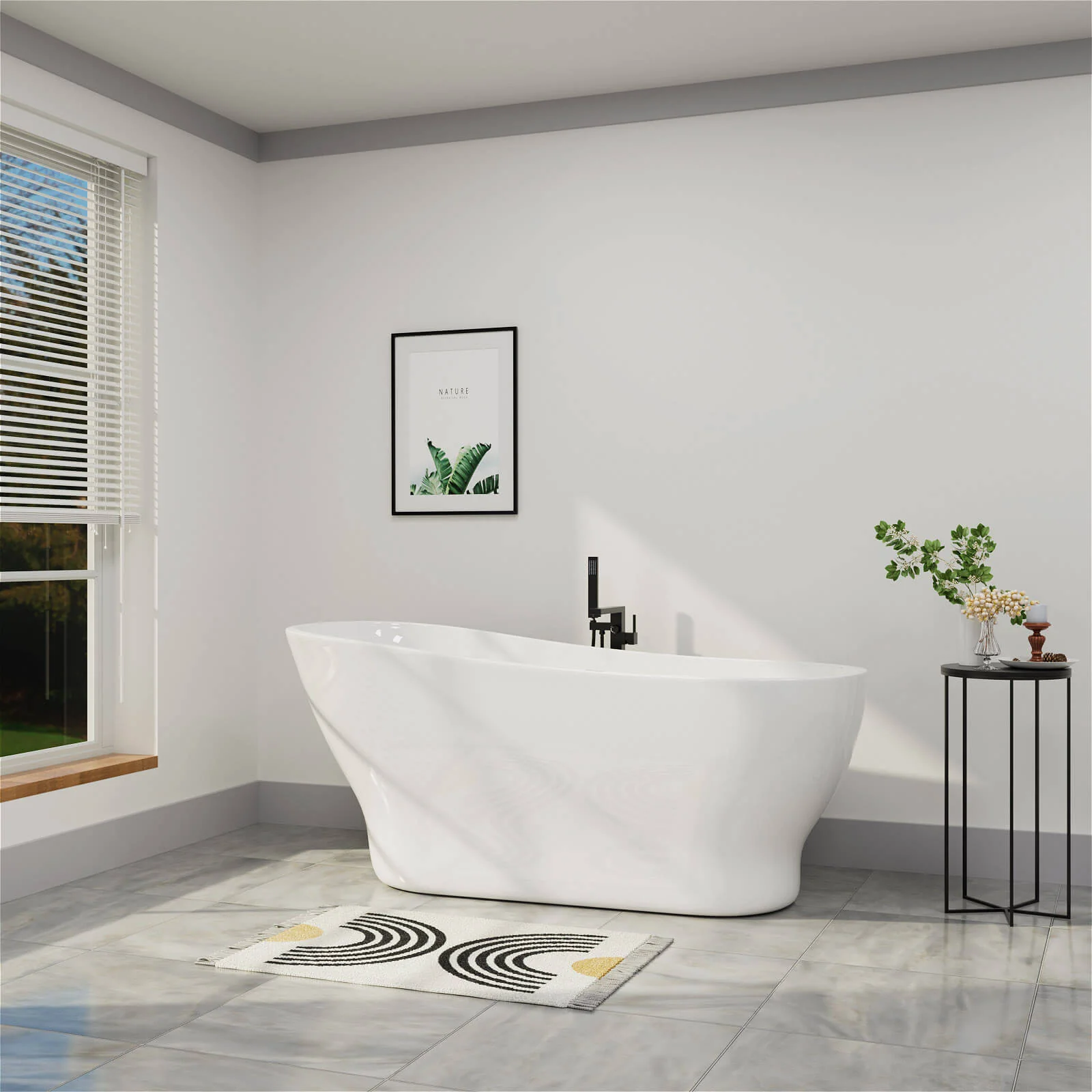 Mokleba Modern Bathroom 63" Acrylic Curve Flatbottom Freestanding Bathtub in White - Image 5