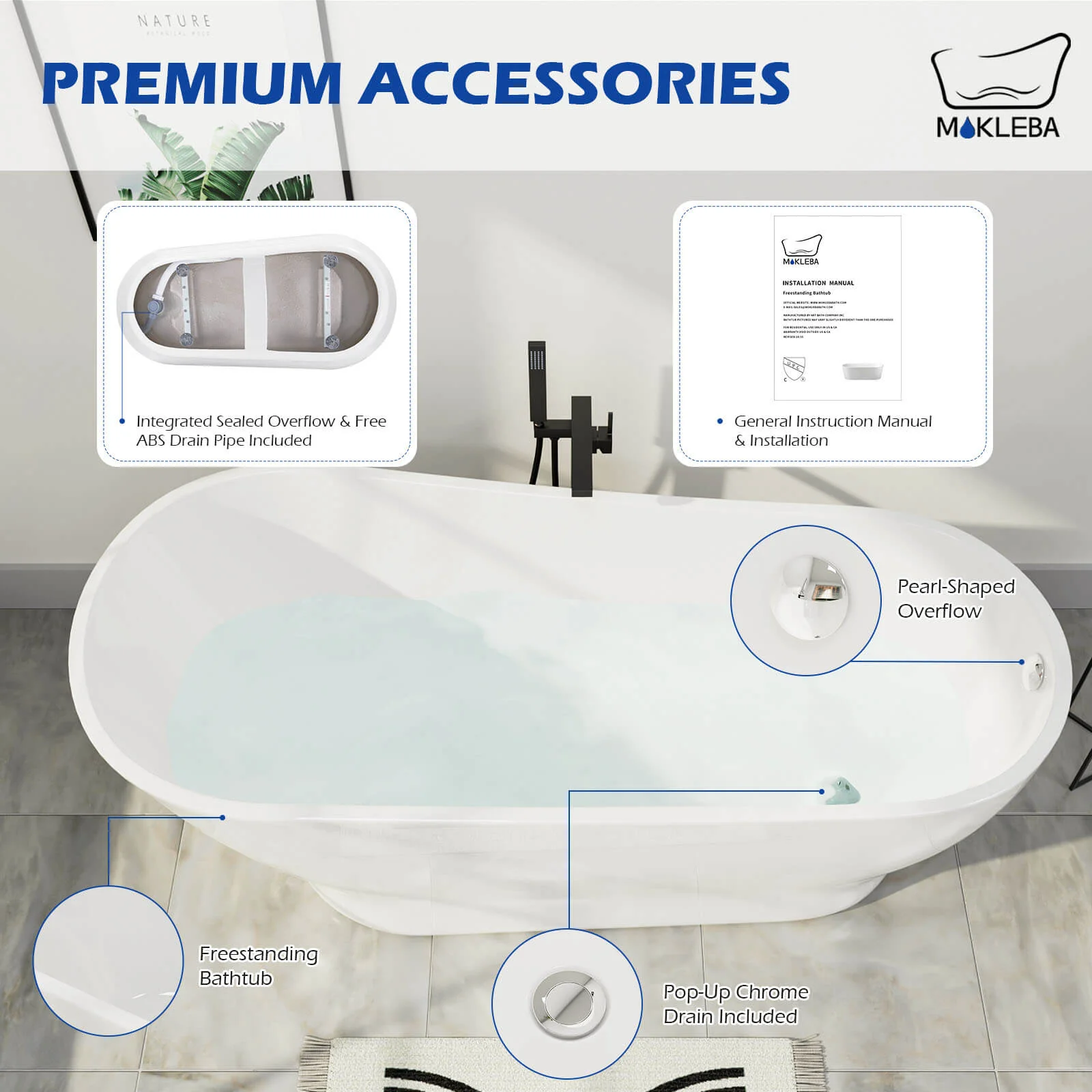 Mokleba Modern Bathroom 63" Acrylic Curve Flatbottom Freestanding Bathtub in White - Image 6