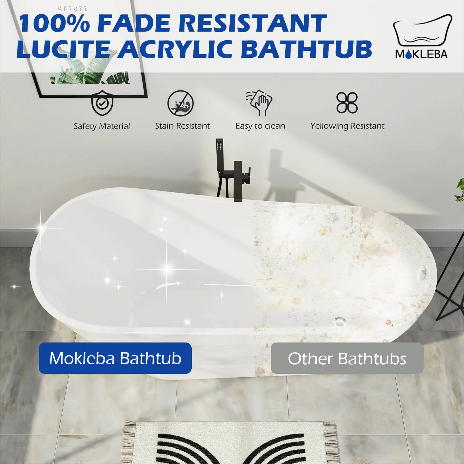 Mokleba Modern Bathroom 63" Acrylic Curve Flatbottom Freestanding Bathtub in White - Image 10