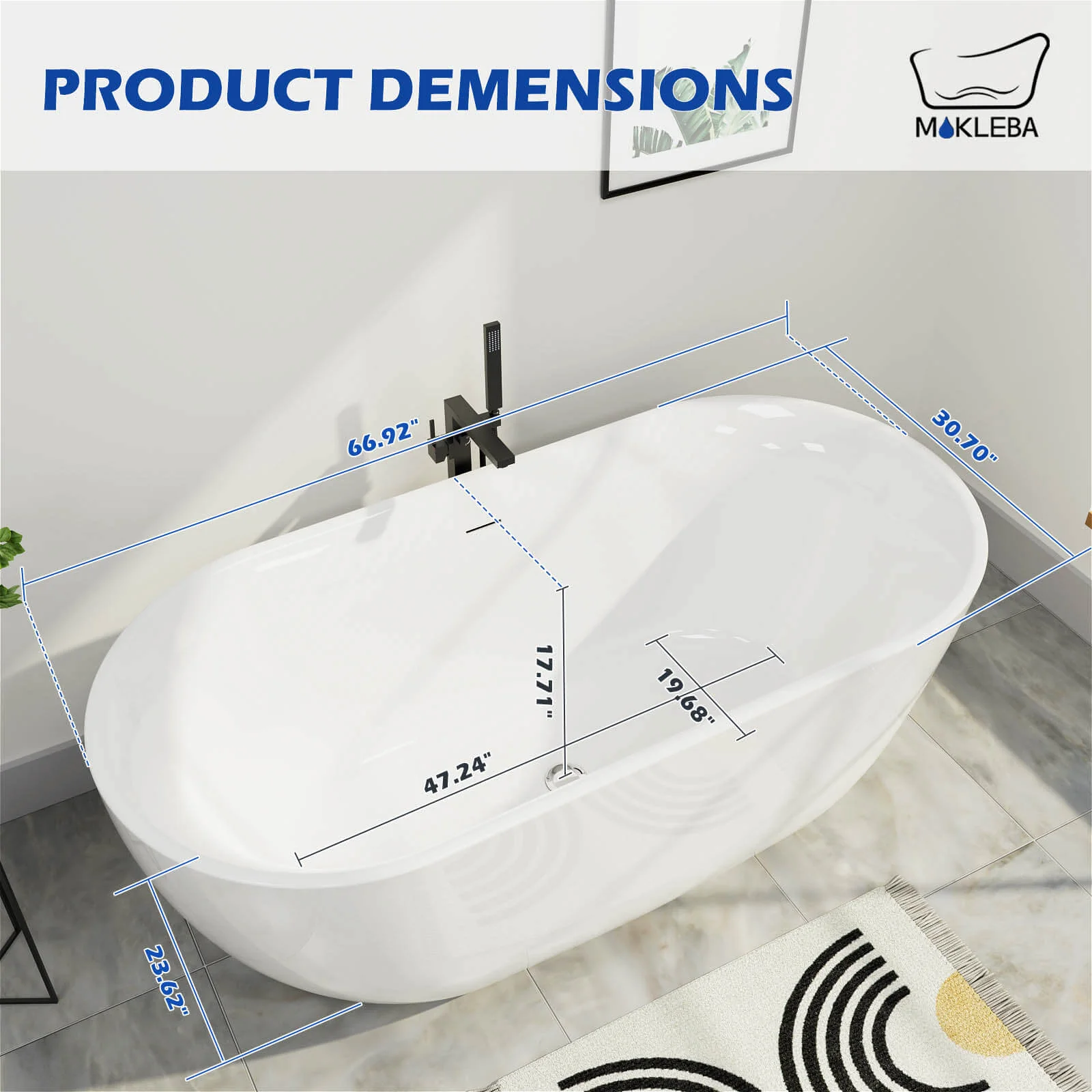 Mokleba 67" Acrylic Oval Large Space Freestanding Soaking Bathtub White - Image 10