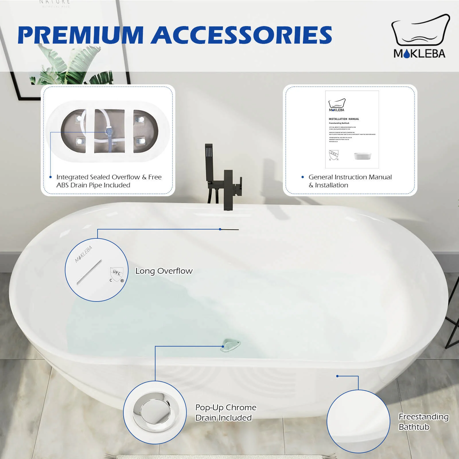 Mokleba 67" Acrylic Oval Large Space Freestanding Soaking Bathtub White - Image 6