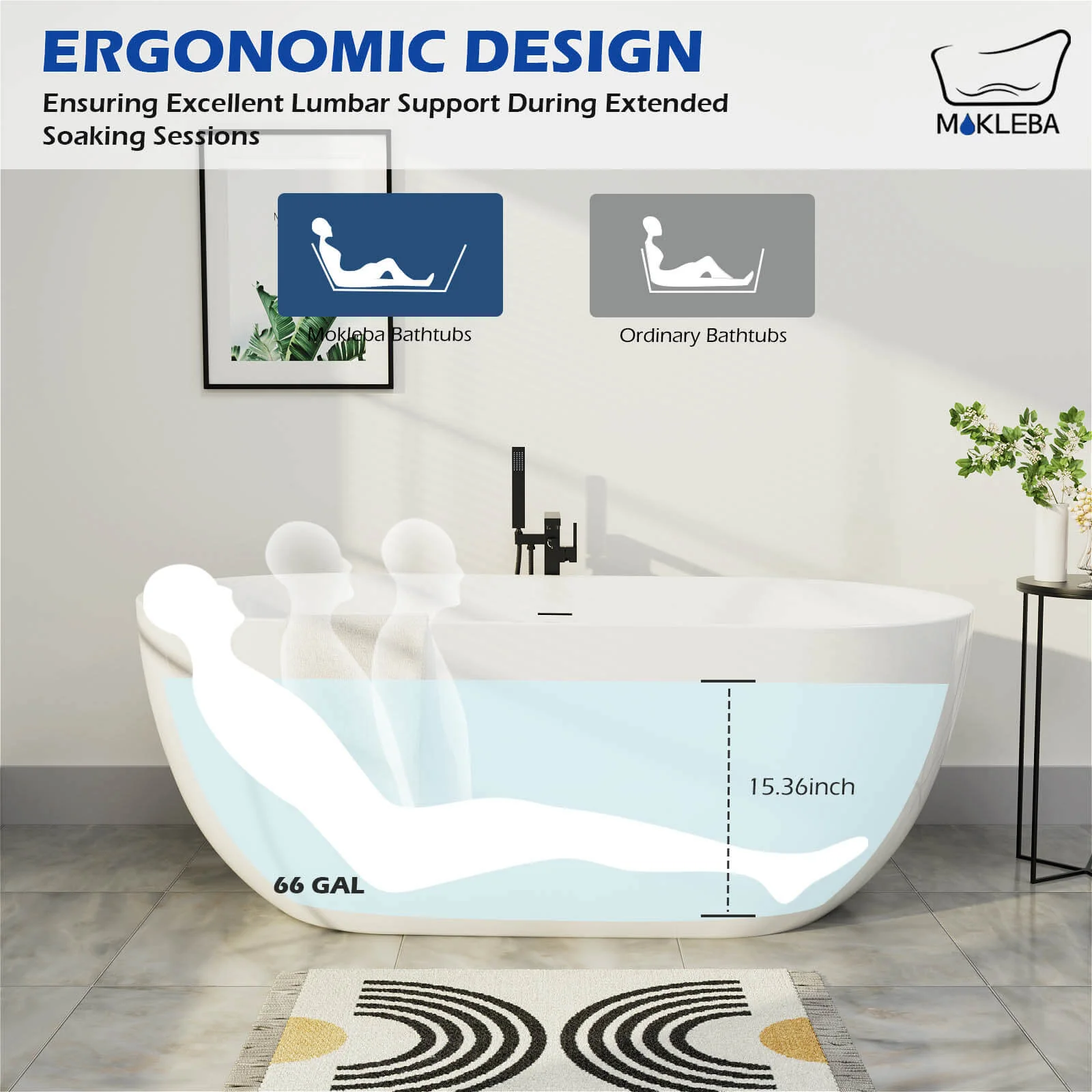 Mokleba 67" Acrylic Oval Large Space Freestanding Soaking Bathtub White - Image 8