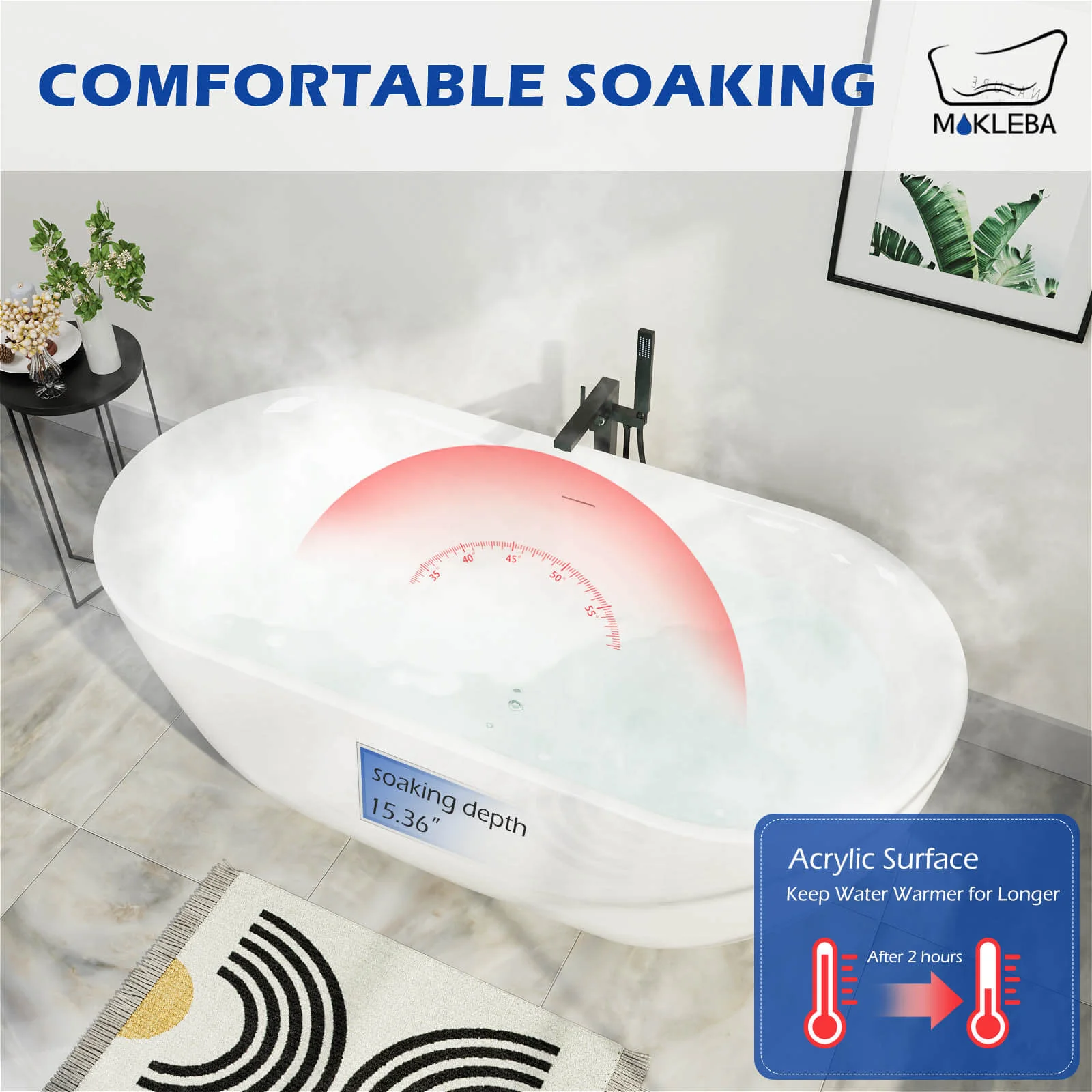 Mokleba 67" Acrylic Oval Large Space Freestanding Soaking Bathtub White - Image 9